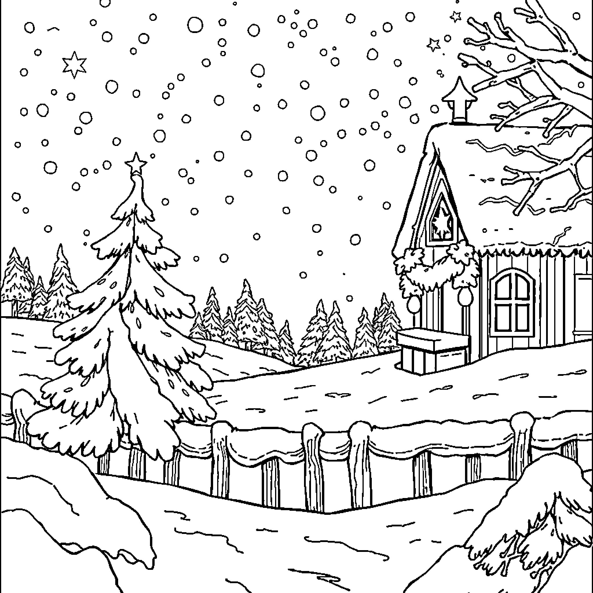 Ice Age Cabin in the Snowy Landscape Coloring Page (free black-and-white line drawing printable PDF for all, from beginners to advanced learners, including children, teens, adults, and seniors)