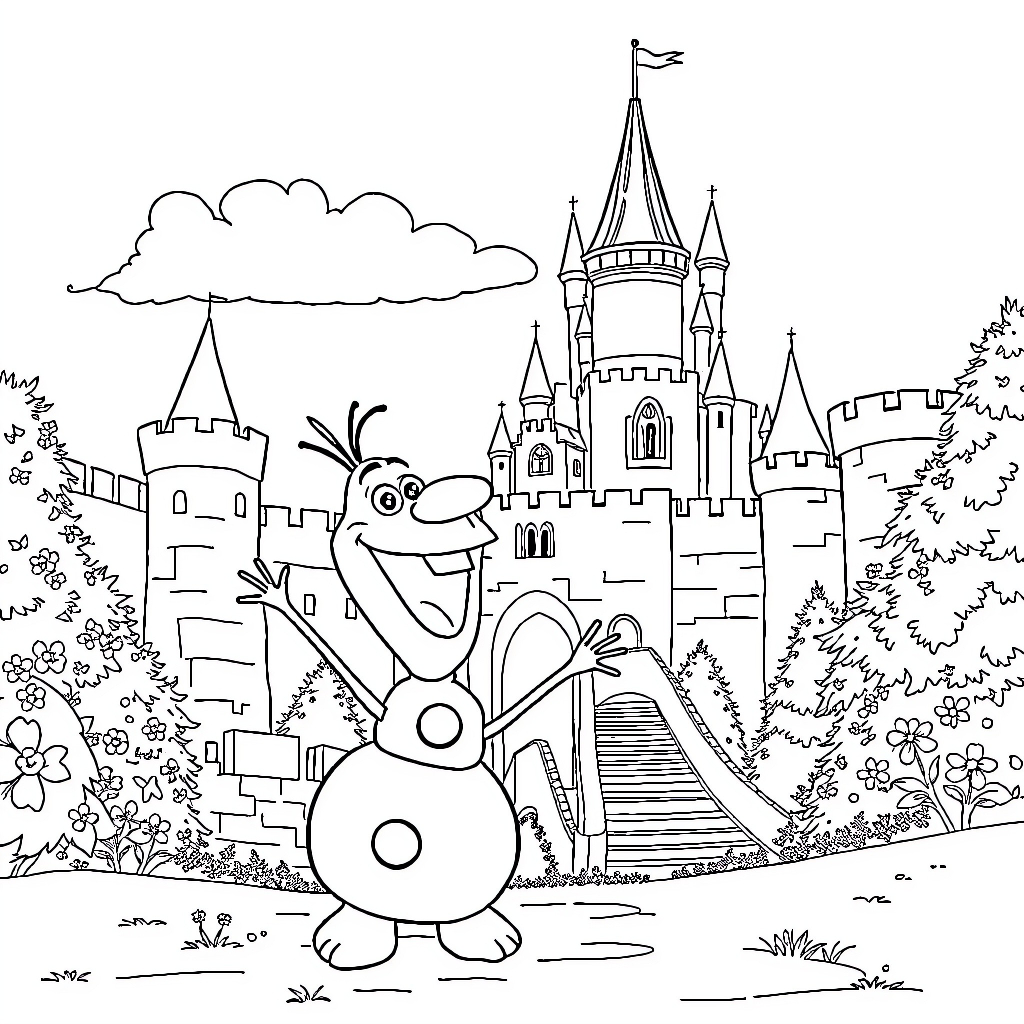 Olaf exploring a whimsical castle landscape Coloring Page (free black-and-white line drawing printable PDF for all, from beginners to advanced learners, including children, teens, adults, and seniors)