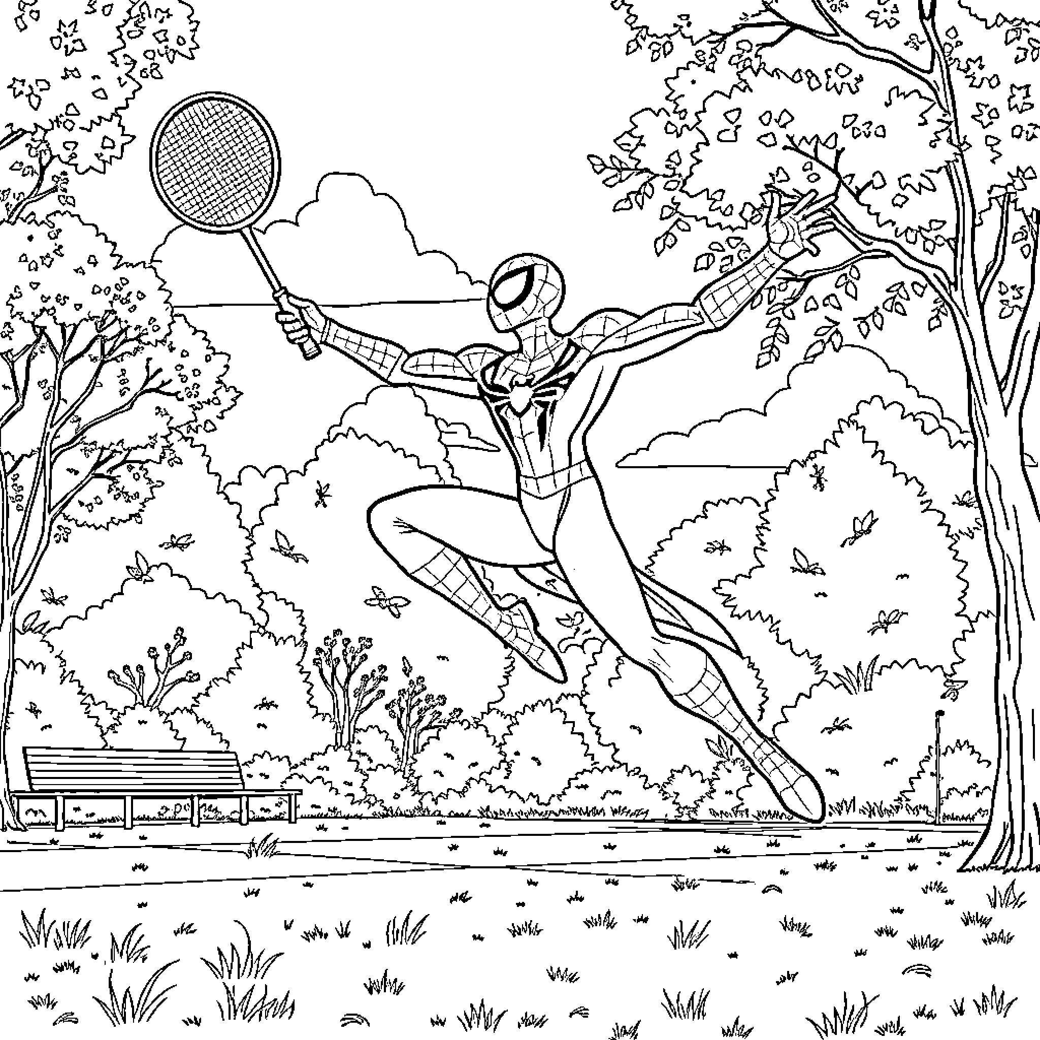 Spider-Man swinging through a park with a racket Coloring Page (free black-and-white line drawing printable PDF for all, from beginners to advanced learners, including children, teens, adults, and seniors)