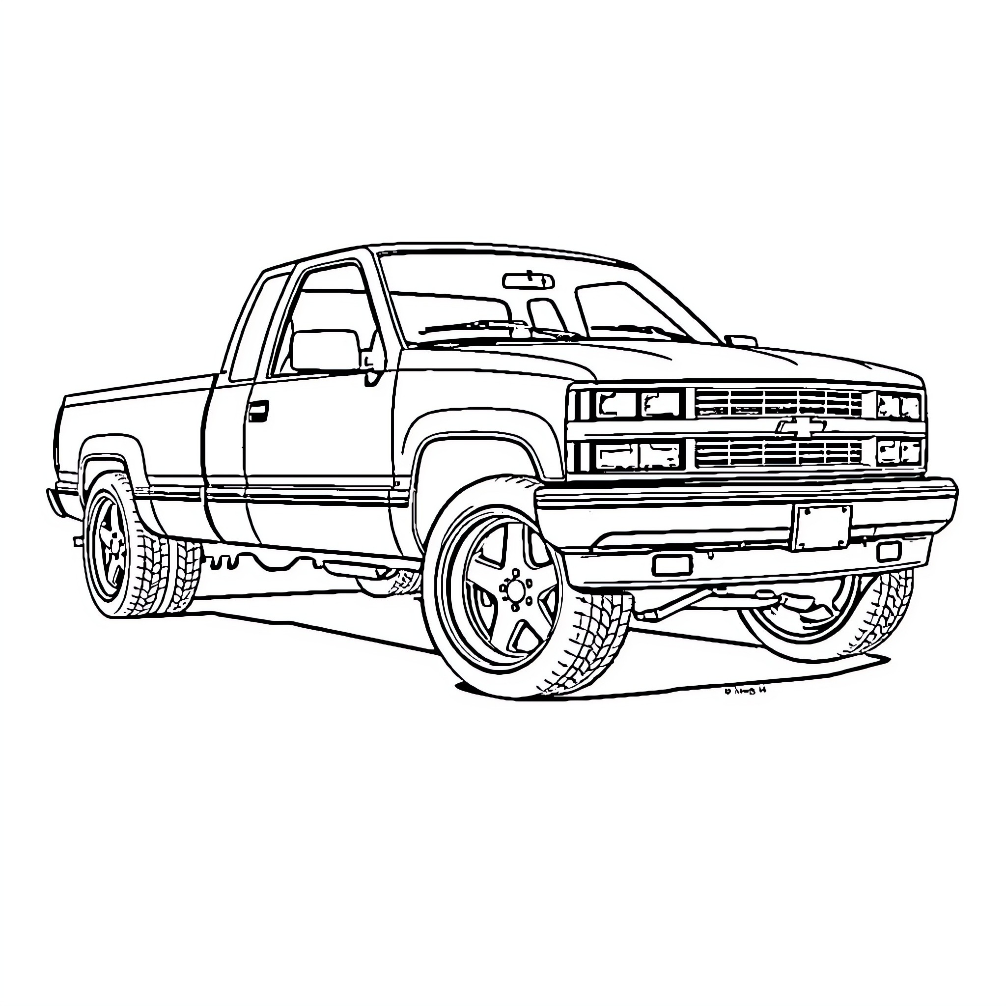 Chevy Pickup Truck on Rugged Terrain Coloring Page (free black-and-white line drawing printable PDF for all, from beginners to advanced learners, including children, teens, adults, and seniors)