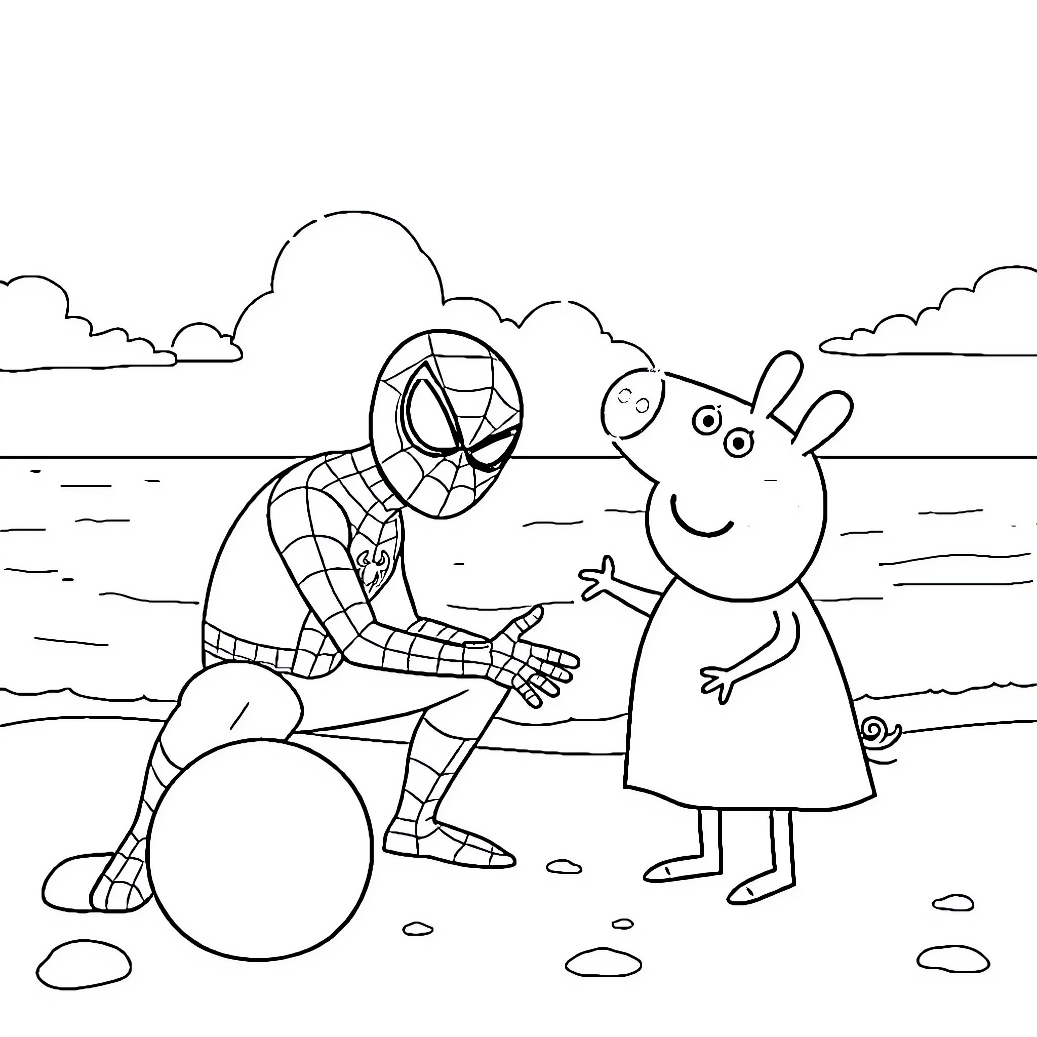 Spiderman Meets Peppa Pig in Outdoor Adventure Coloring Page (free black-and-white line drawing printable PDF for all, from beginners to advanced learners, including children, teens, adults, and seniors)