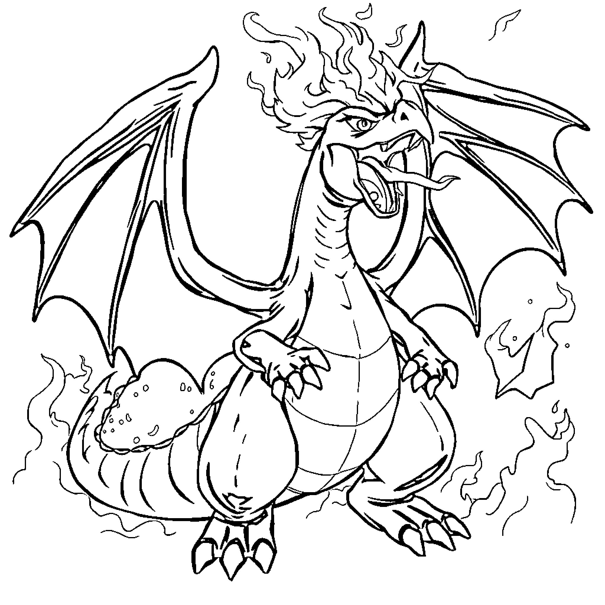 Charizard breathing fierce fire Coloring Page (free black-and-white line drawing printable PDF for all, from beginners to advanced learners, including children, teens, adults, and seniors)