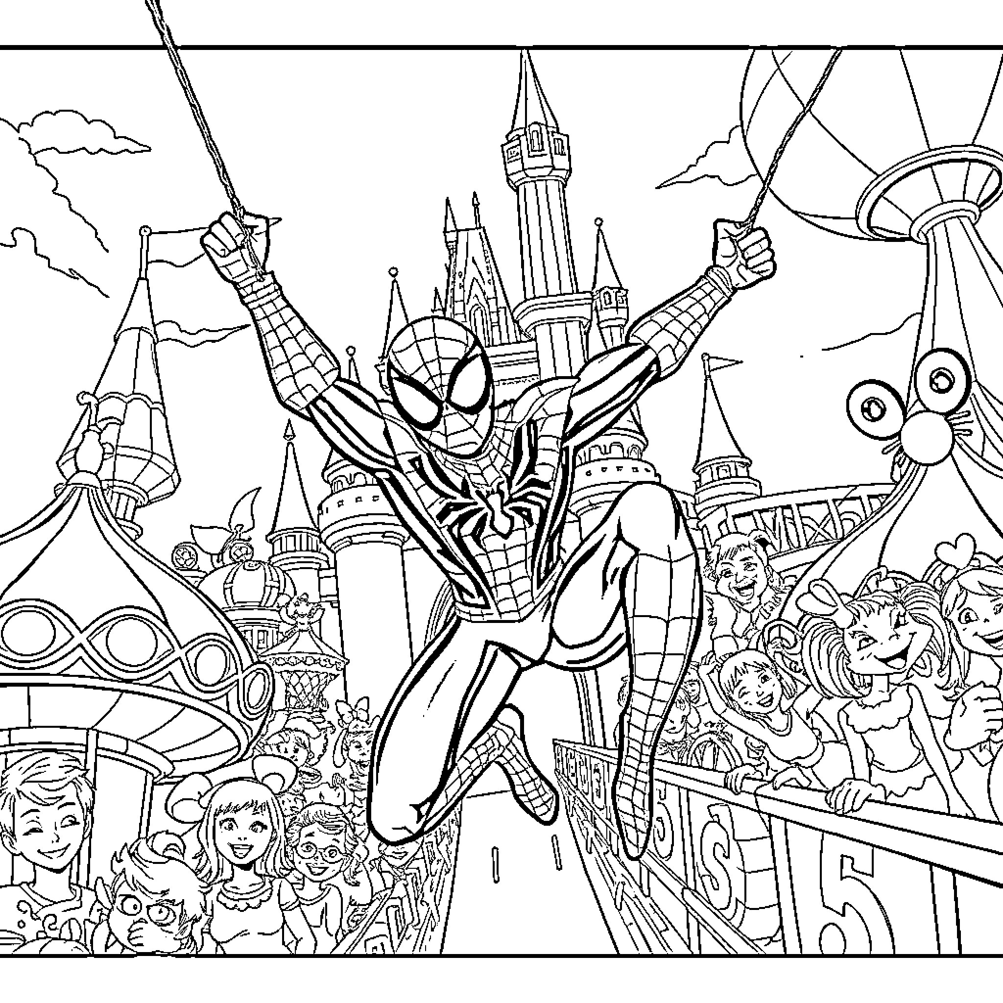 Spiderman swinging through a whimsical, fantastical city Coloring Page (free black-and-white line drawing printable PDF for all, from beginners to advanced learners, including children, teens, adults, and seniors)