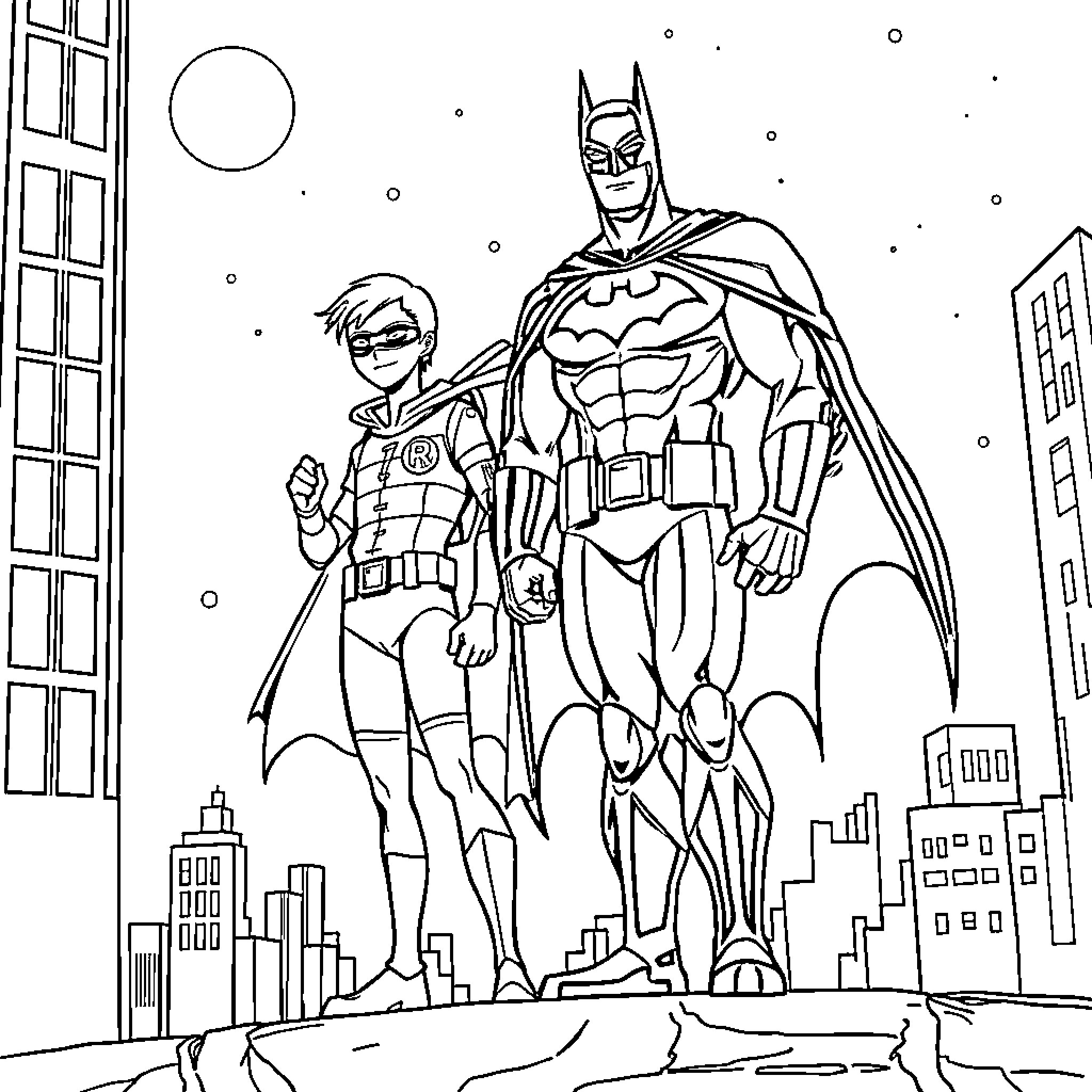 Batman and Robin fighting crime in the city Coloring Page (free black-and-white line drawing printable PDF for all, from beginners to advanced learners, including children, teens, adults, and seniors)