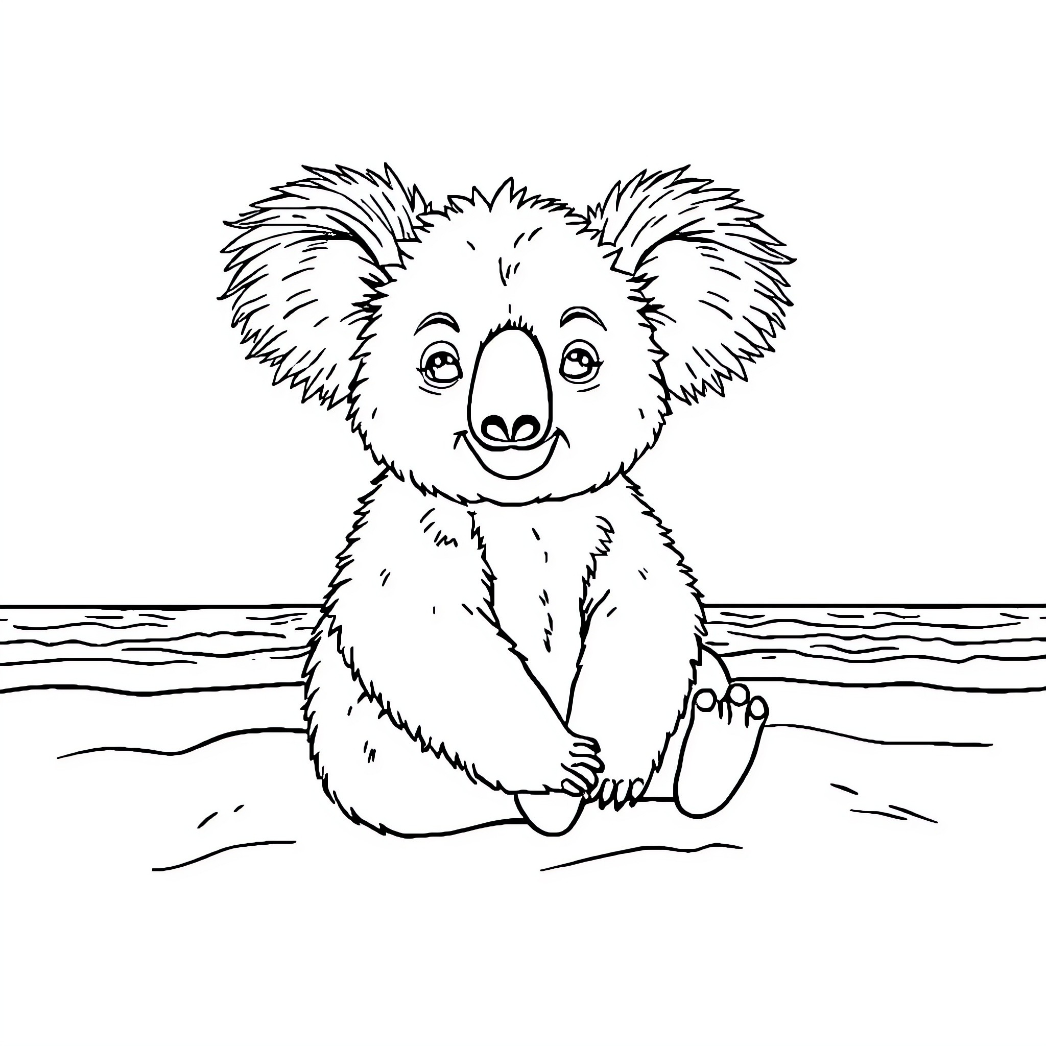 Koala sitting happily on the beach Coloring Page (free black-and-white line drawing printable PDF for all, from beginners to advanced learners, including children, teens, adults, and seniors)