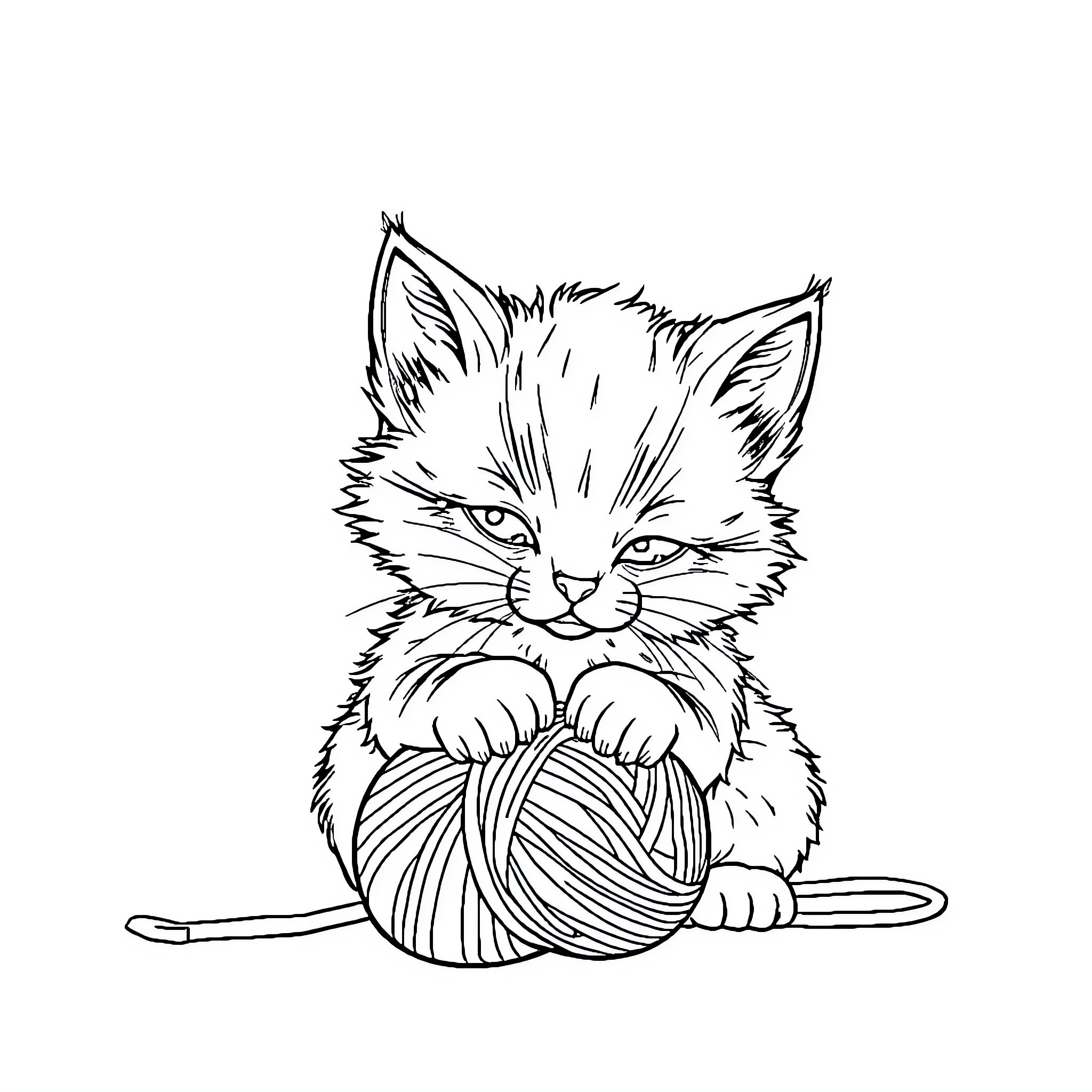 Cat playing with ball of yarn Coloring Page (free black-and-white line drawing printable PDF for all, from beginners to advanced learners, including children, teens, adults, and seniors)