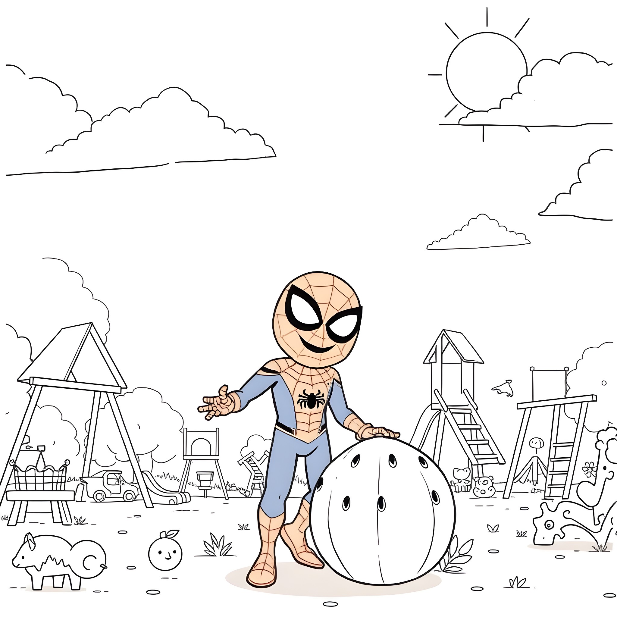 Spider-Man playing in a playground with toys and equipment Coloring Page (free black-and-white line drawing printable PDF for all, from beginners to advanced learners, including children, teens, adults, and seniors)