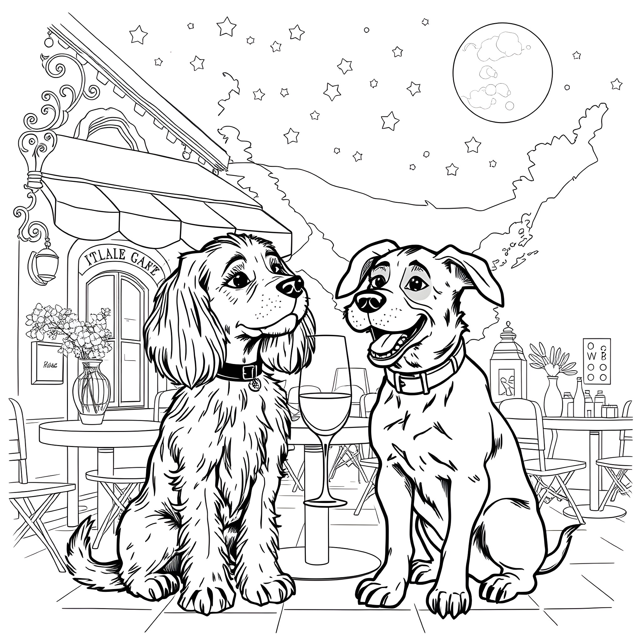 Lady And The Tramp: Dogs enjoying a romantic evening at a cafe Coloring Page (free black-and-white line drawing printable PDF for all, from beginners to advanced learners, including children, teens, adults, and seniors)