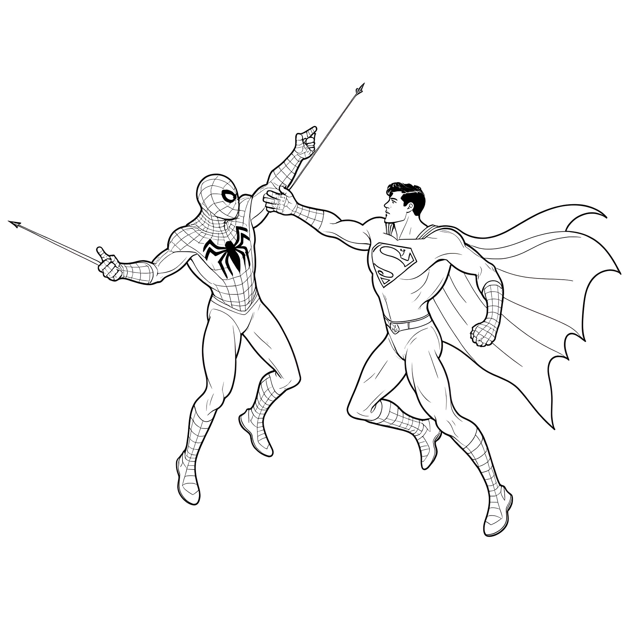 Spiderman and Superman fighting heroically Coloring Page (free black-and-white line drawing printable PDF for all, from beginners to advanced learners, including children, teens, adults, and seniors)