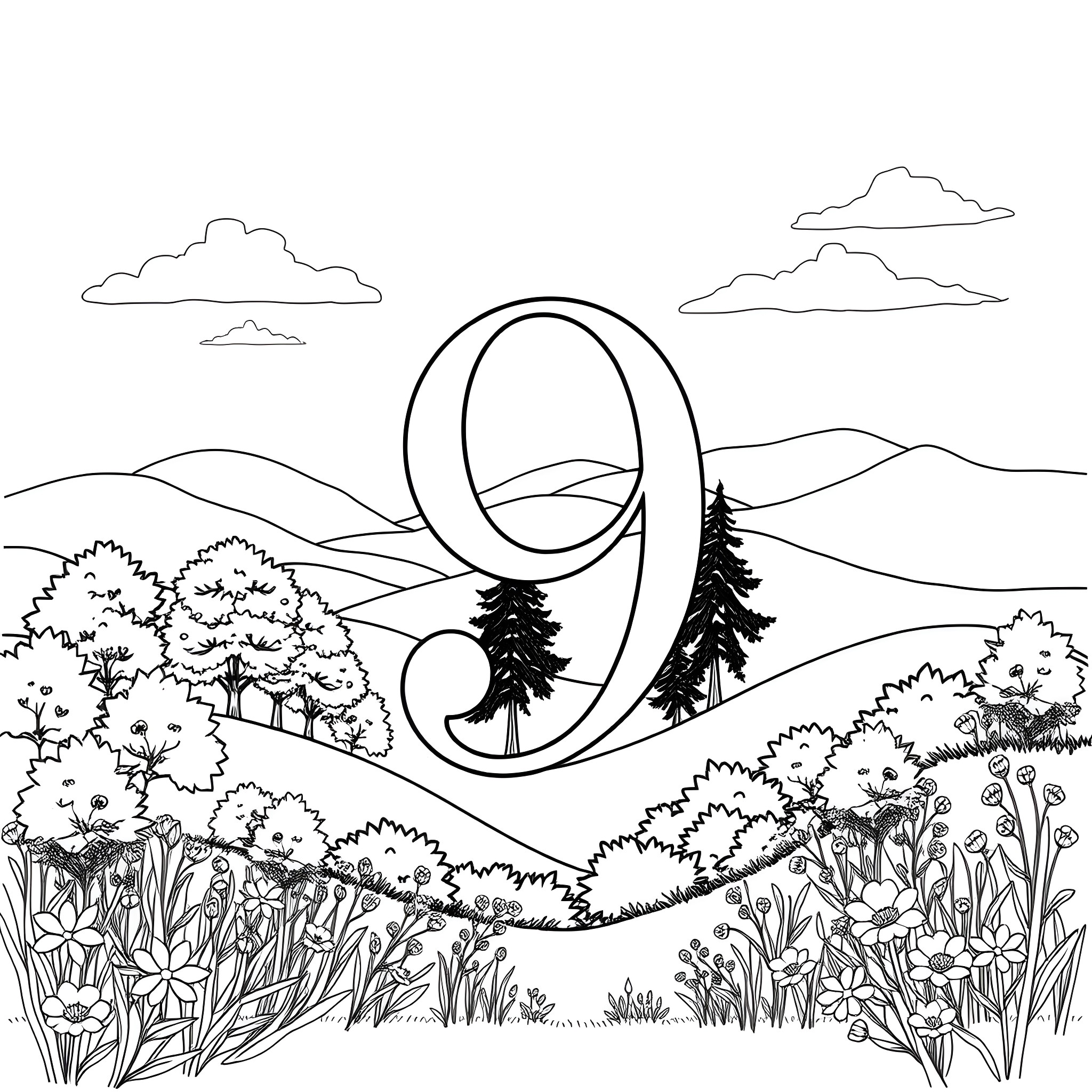 Number Nine in Nature Landscape Coloring Page (free black-and-white line drawing printable PDF for all, from beginners to advanced learners, including children, teens, adults, and seniors)