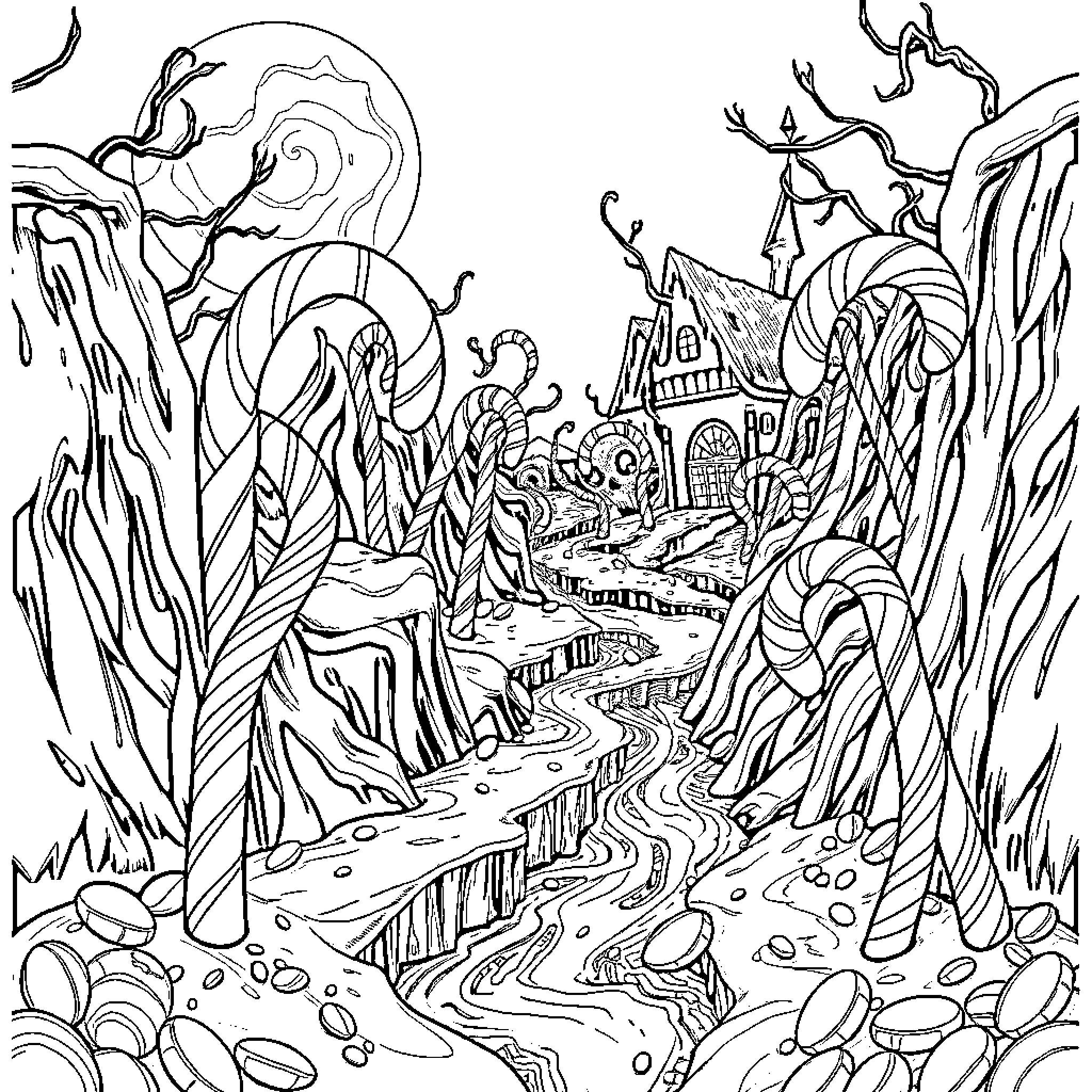 Candy Coated Fantastical Landscape Coloring Page (free black-and-white line drawing printable PDF for all, from beginners to advanced learners, including children, teens, adults, and seniors)