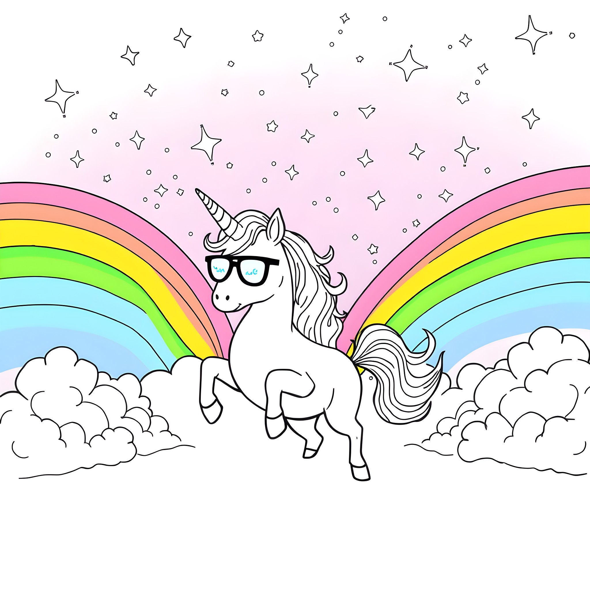 Unicorn gazing at colorful rainbows and stars Coloring Page (free black-and-white line drawing printable PDF for all, from beginners to advanced learners, including children, teens, adults, and seniors)
