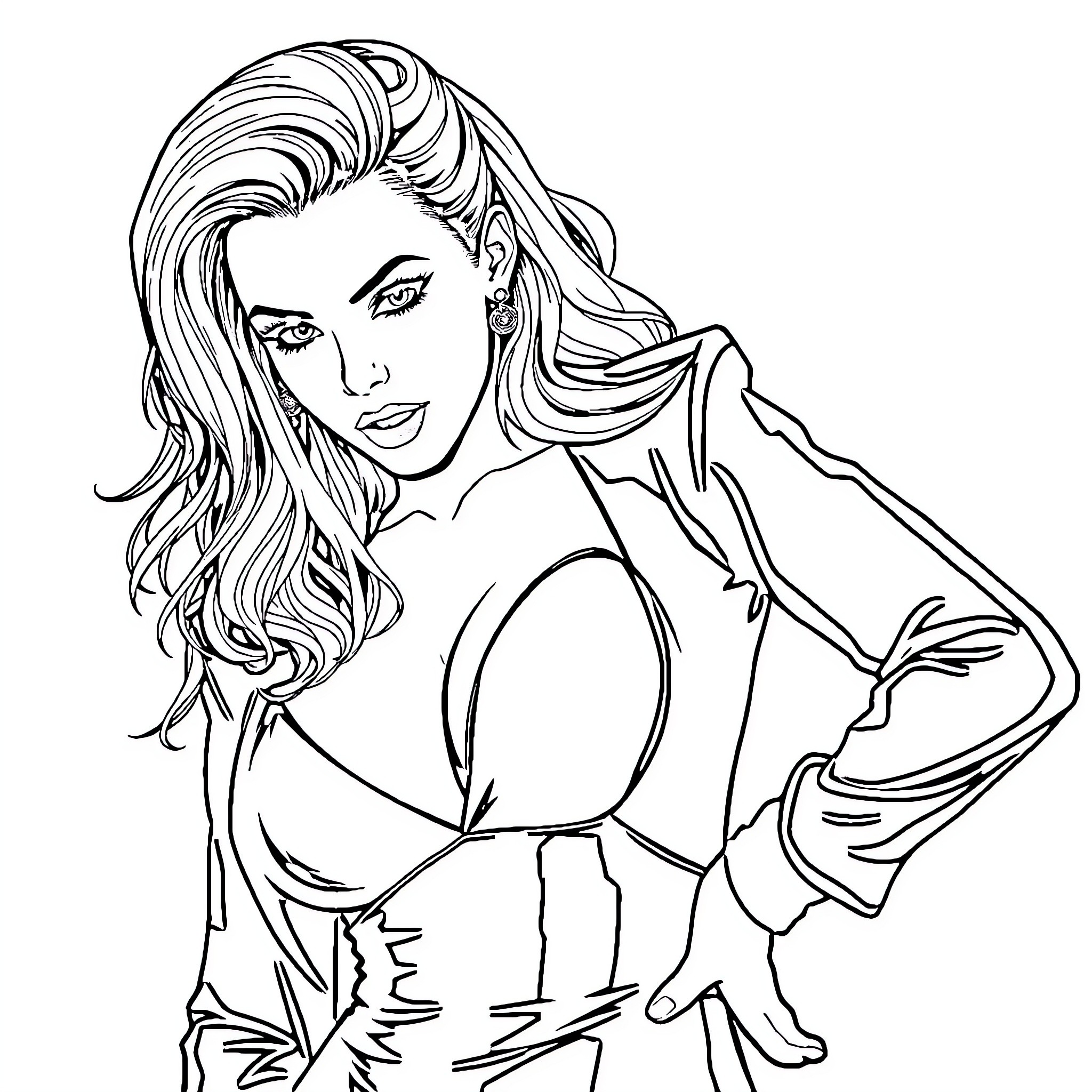 Sydney Sweeney posing confidently in stylish outfit Coloring Page (free black-and-white line drawing printable PDF for all, from beginners to advanced learners, including children, teens, adults, and seniors)