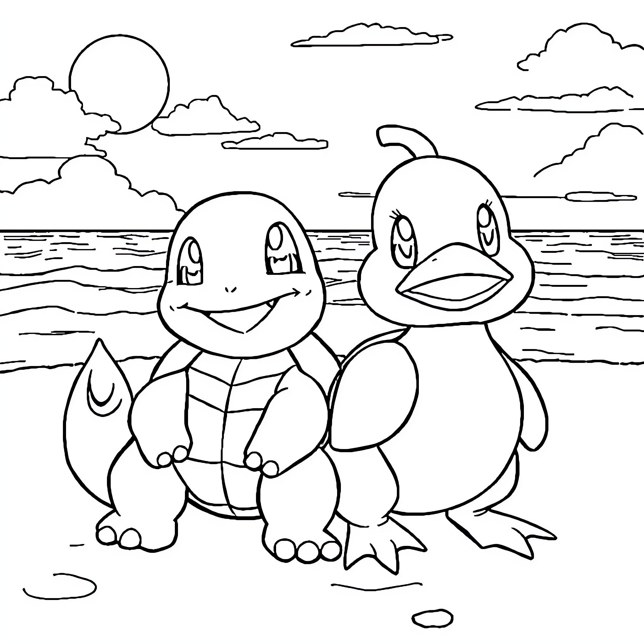 Squirtle and its friend playing on the beach Coloring Page (free black-and-white line drawing printable PDF for all, from beginners to advanced learners, including children, teens, adults, and seniors)