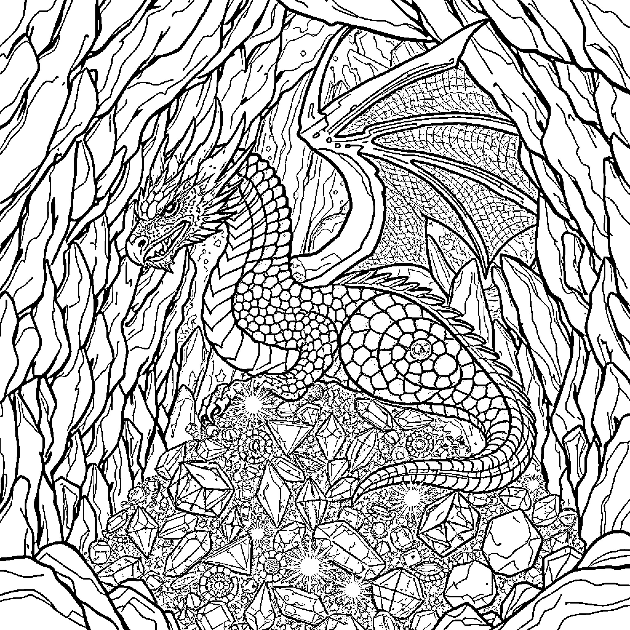 Dragon Guarding the Enchanted Forest Coloring Page (free black-and-white line drawing printable PDF for all, from beginners to advanced learners, including children, teens, adults, and seniors)
