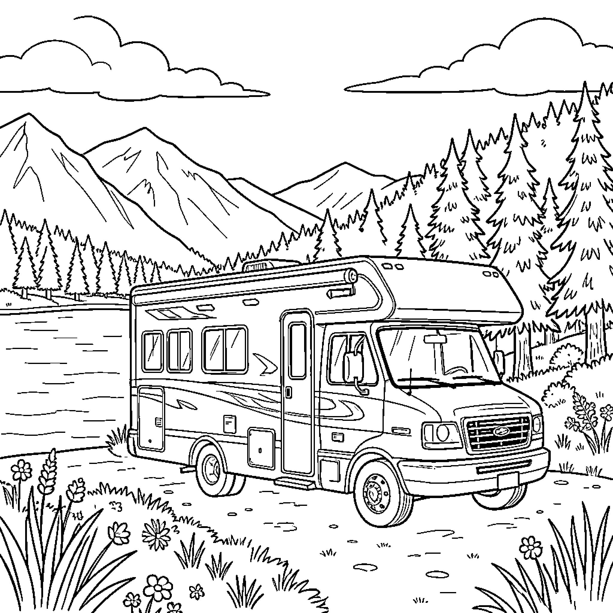 RV Camping in the Scenic Wilderness Coloring Page (free black-and-white line drawing printable PDF for all, from beginners to advanced learners, including children, teens, adults, and seniors)