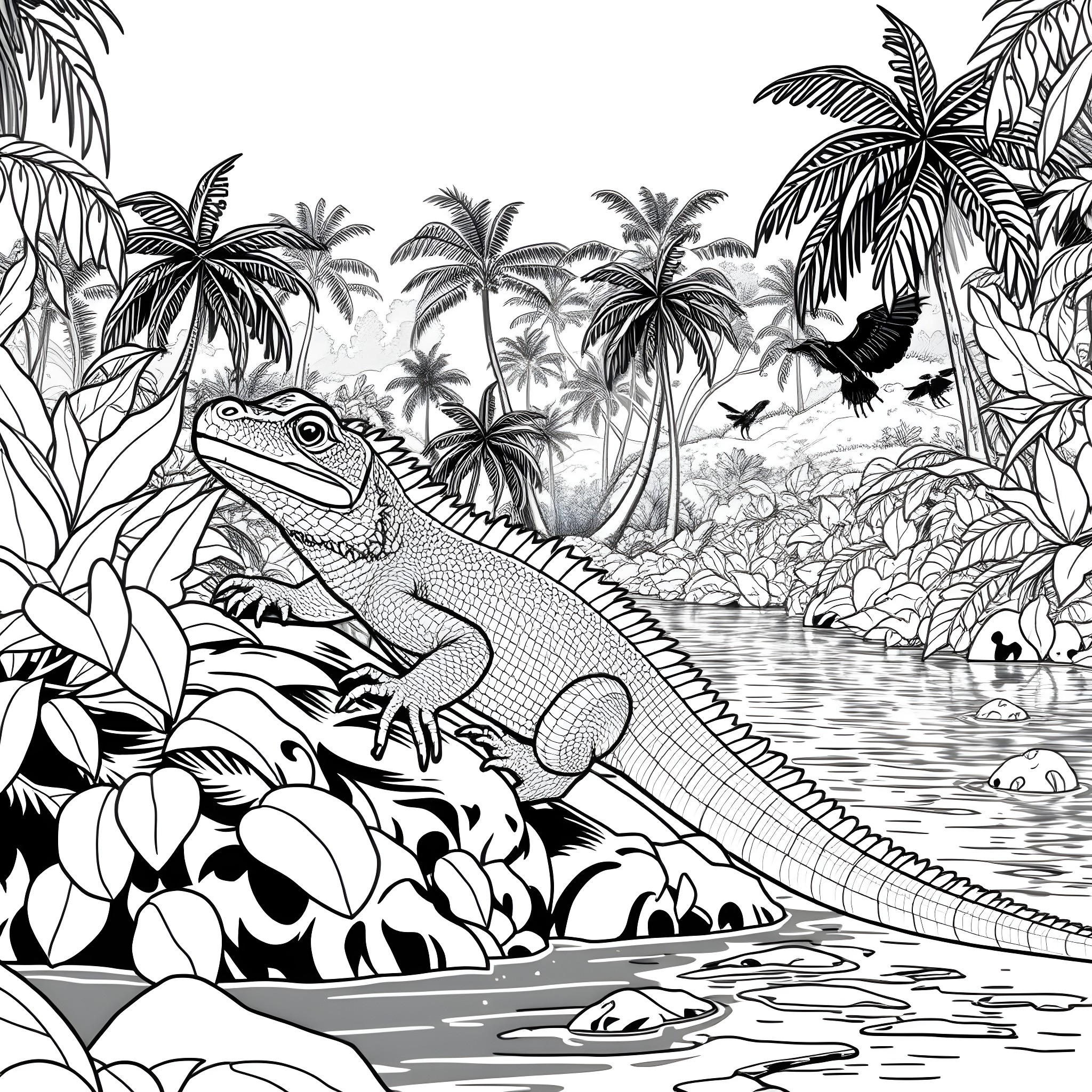 Komodo Dragon in a Tropical Jungle Scene Coloring Page (free black-and-white line drawing printable PDF for all, from beginners to advanced learners, including children, teens, adults, and seniors)