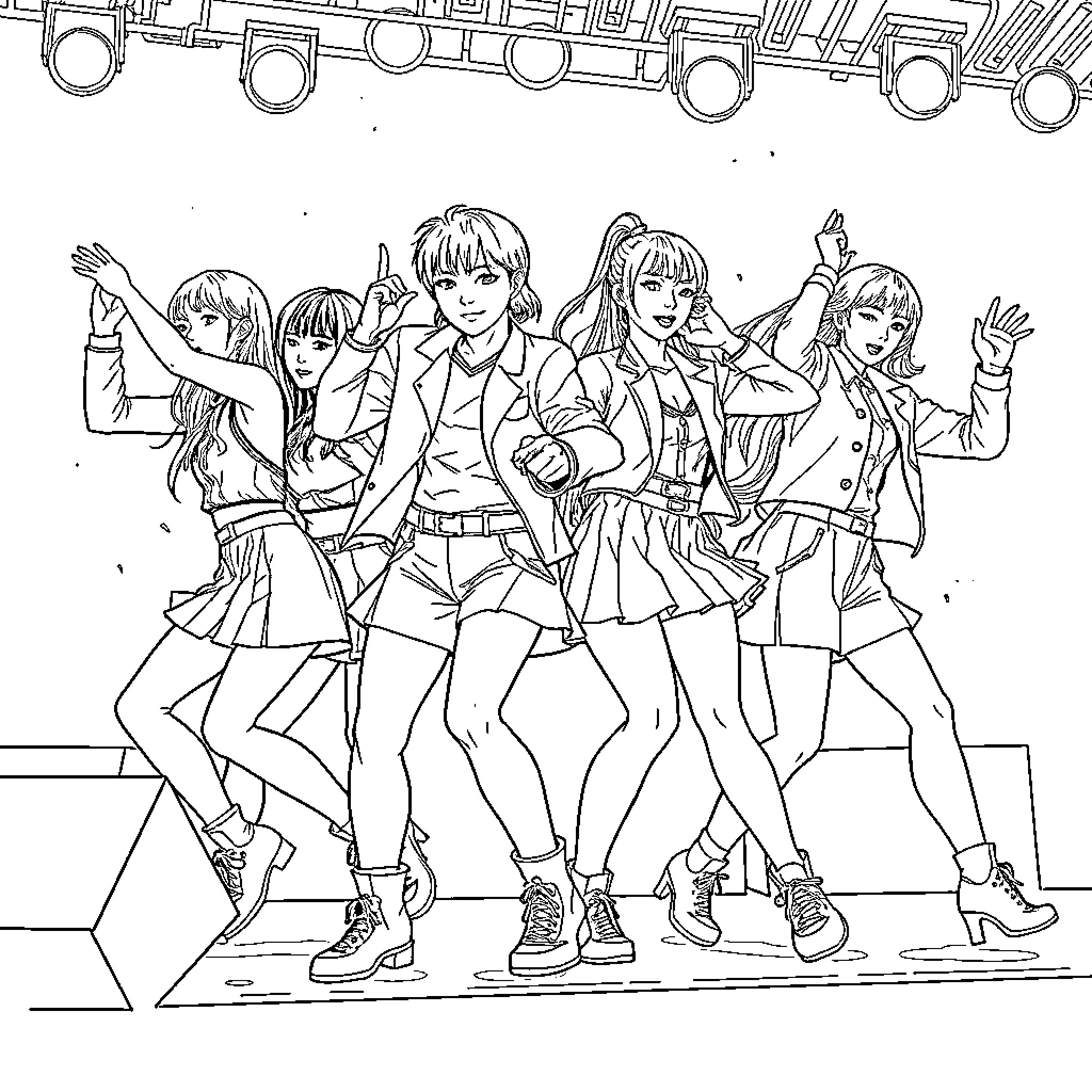 K Pop Warrior Group Performing with Enthusiasm Coloring Page (free black-and-white line drawing printable PDF for all, from beginners to advanced learners, including children, teens, adults, and seniors)
