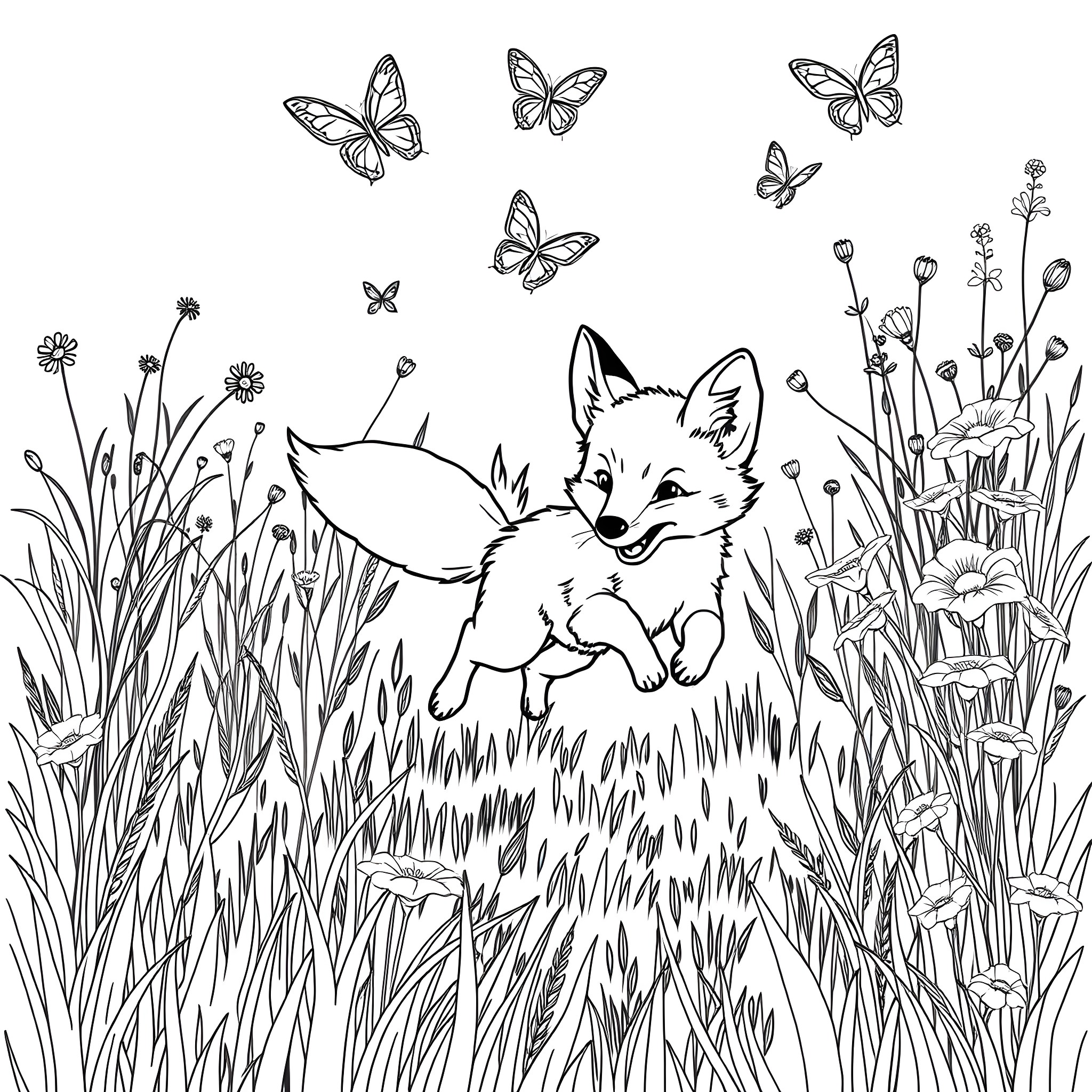 Fox playing cheerfully in the meadow with butterflies Coloring Page (free black-and-white line drawing printable PDF for all, from beginners to advanced learners, including children, teens, adults, and seniors)