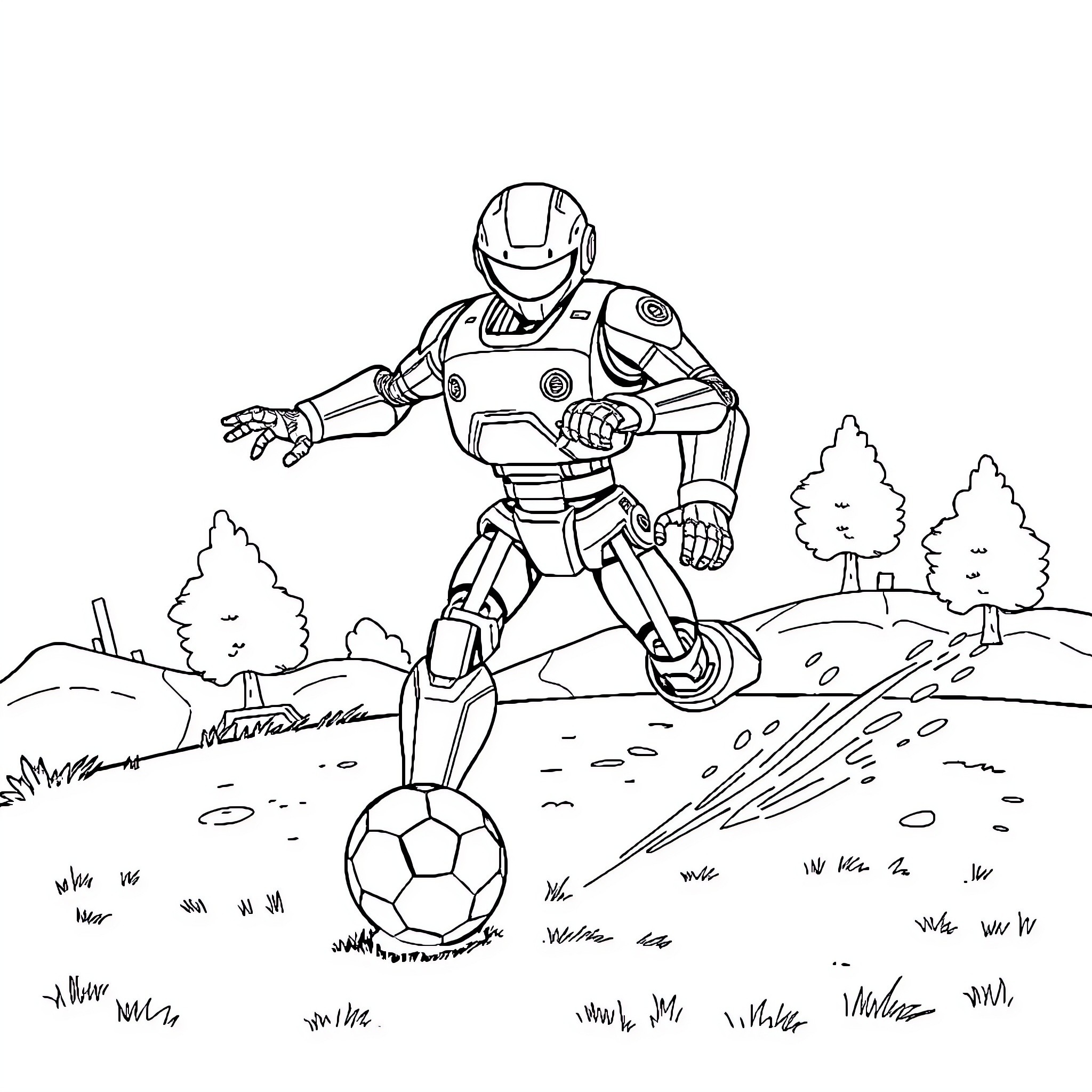 Robot playing soccer in the park Coloring Page (free black-and-white line drawing printable PDF for all, from beginners to advanced learners, including children, teens, adults, and seniors)