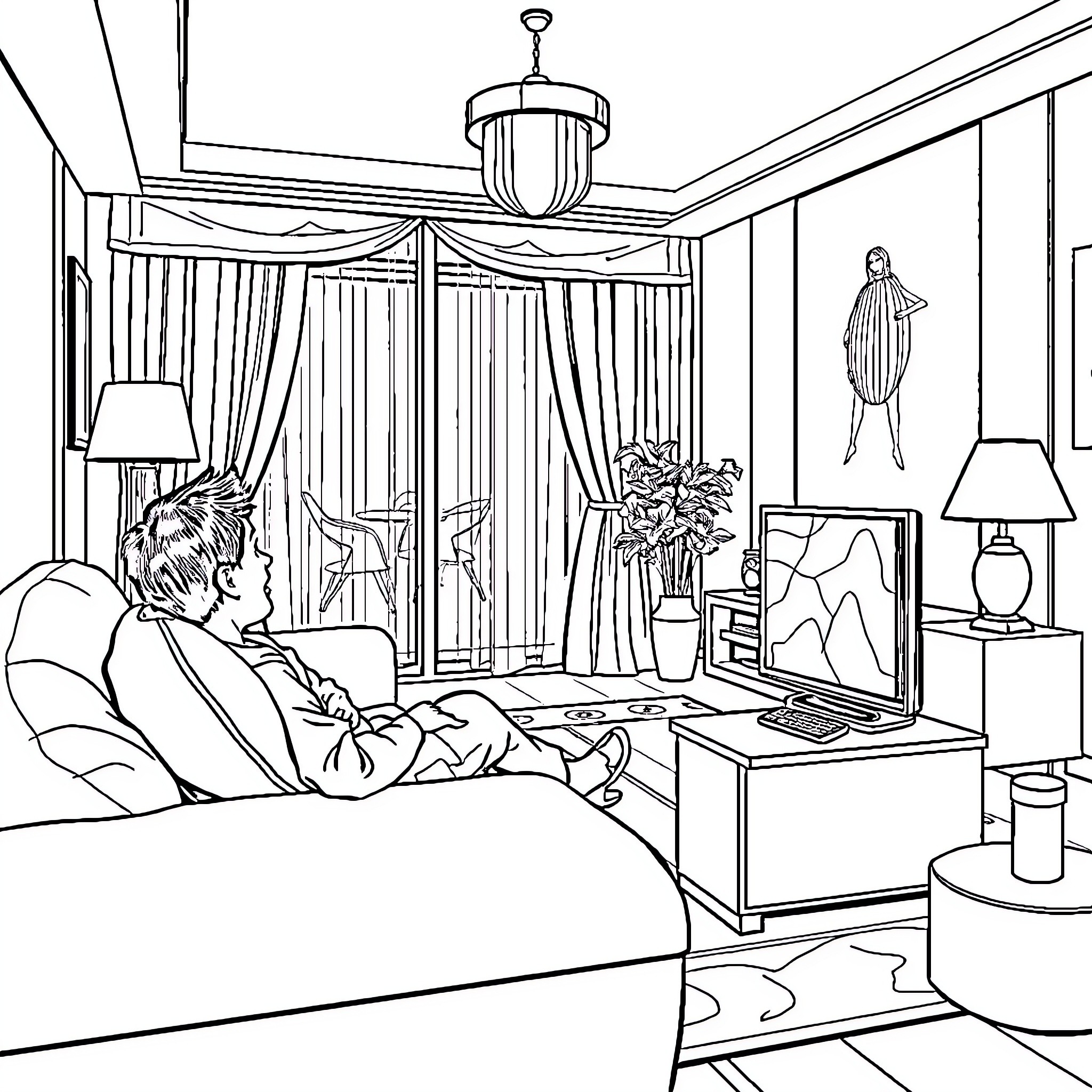 Pemuda relaxing in cozy living room Coloring Page (free black-and-white line drawing printable PDF for all, from beginners to advanced learners, including children, teens, adults, and seniors)