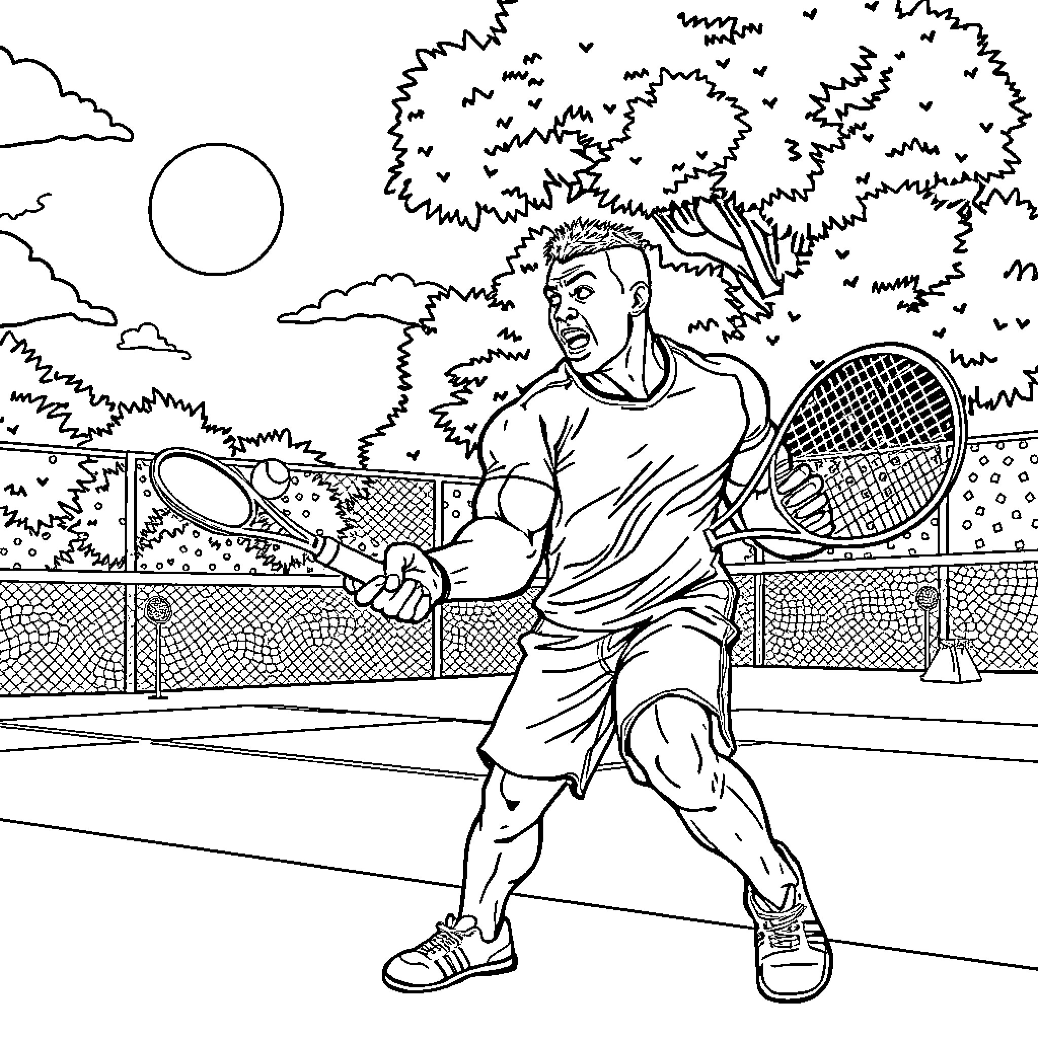 Mbappe playing a tennis match on a court Coloring Page (free black-and-white line drawing printable PDF for all, from beginners to advanced learners, including children, teens, adults, and seniors)