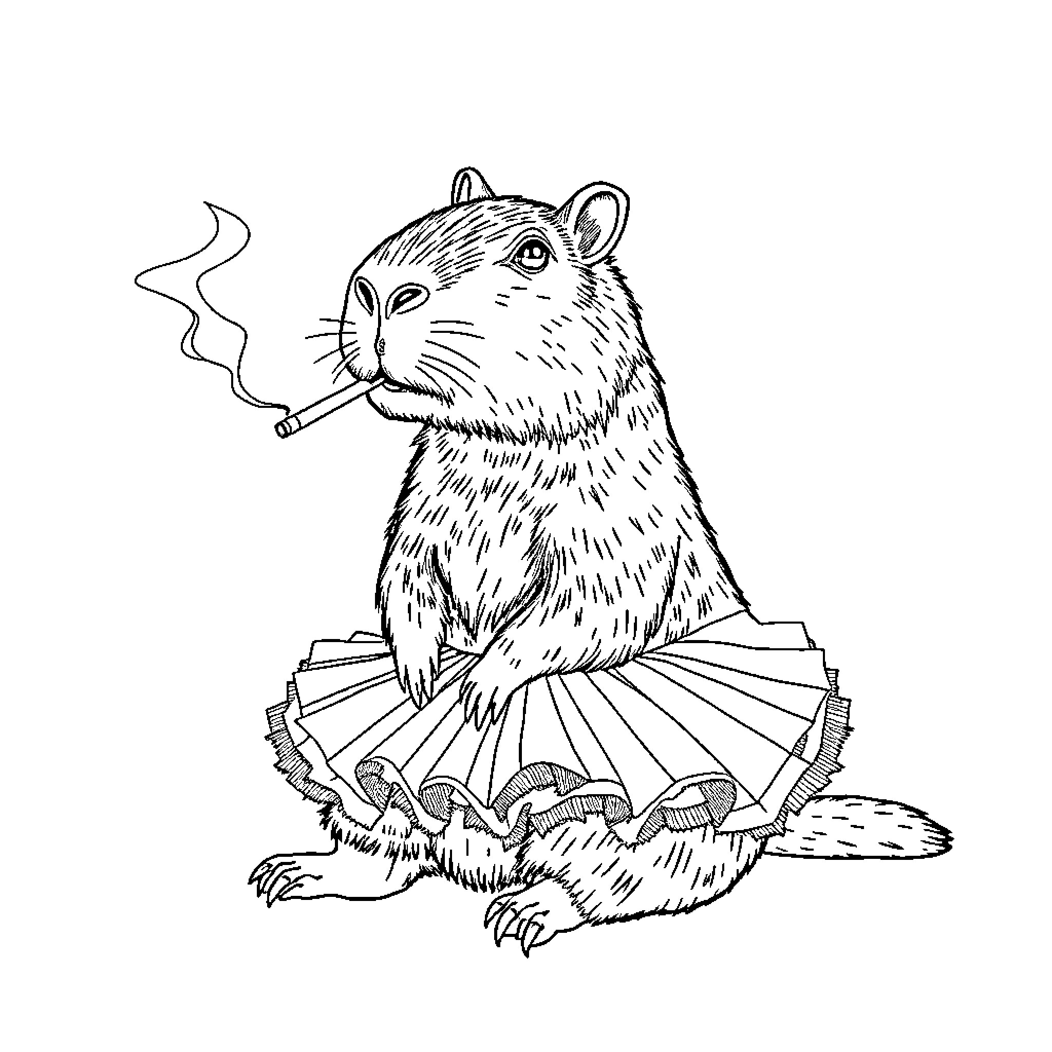 Capybara enjoying a cigarette in a cozy setting Coloring Page (free black-and-white line drawing printable PDF for all, from beginners to advanced learners, including children, teens, adults, and seniors)