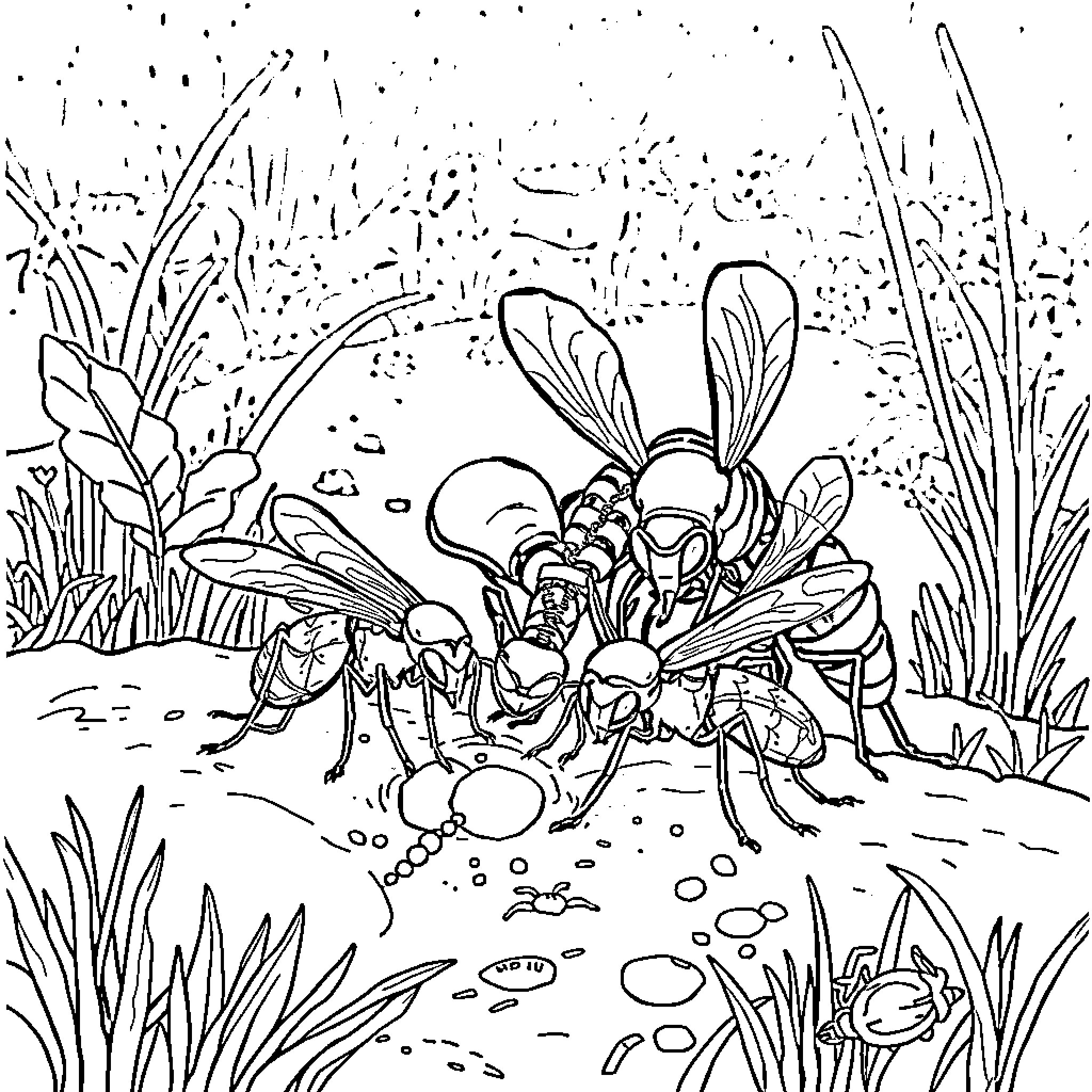 Ant Gathering Food in the Undergrowth Coloring Page (free black-and-white line drawing printable PDF for all, from beginners to advanced learners, including children, teens, adults, and seniors)