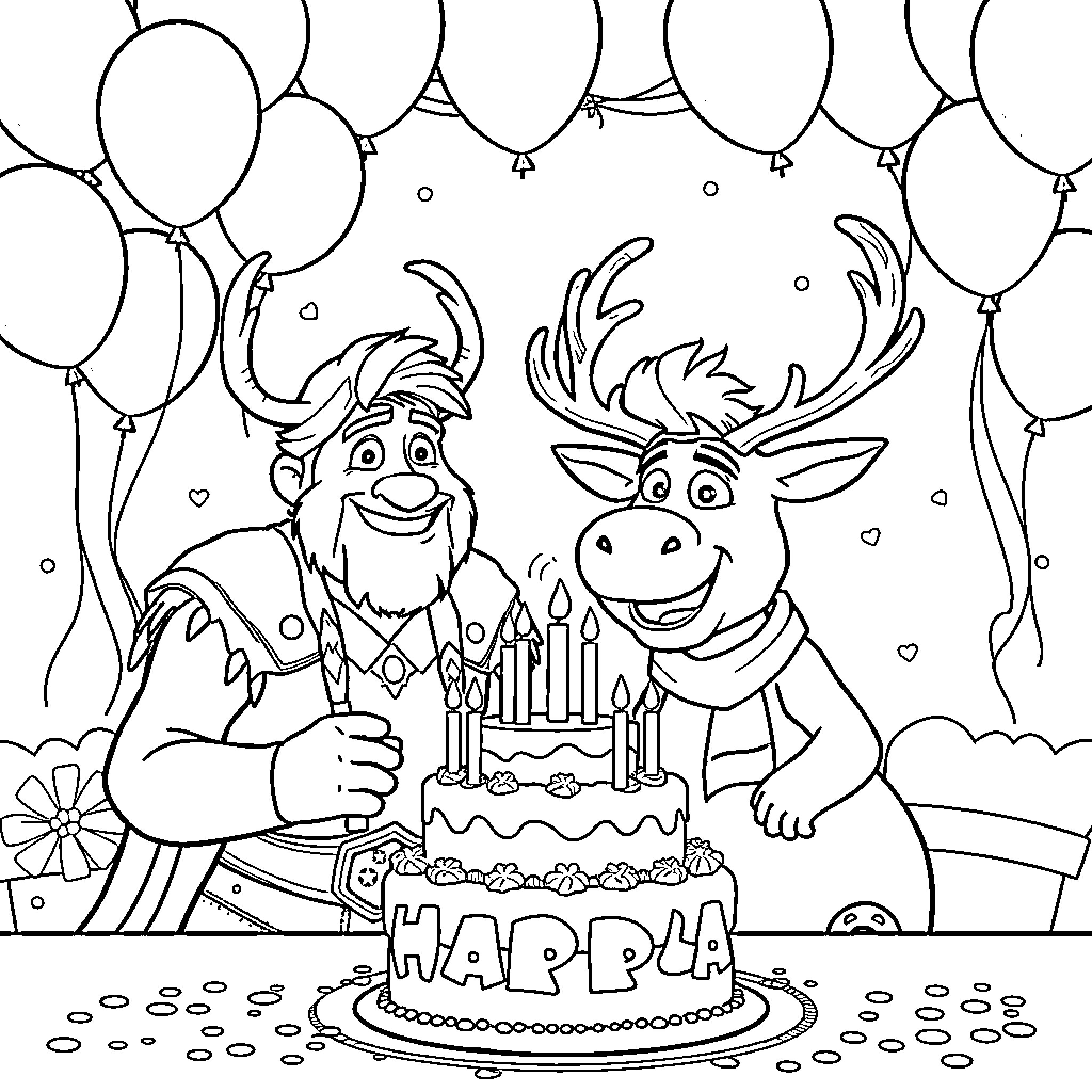 Kristoff and Sven Celebrate with Balloons and Birthday Cake Coloring Page (free black-and-white line drawing printable PDF for all, from beginners to advanced learners, including children, teens, adults, and seniors)