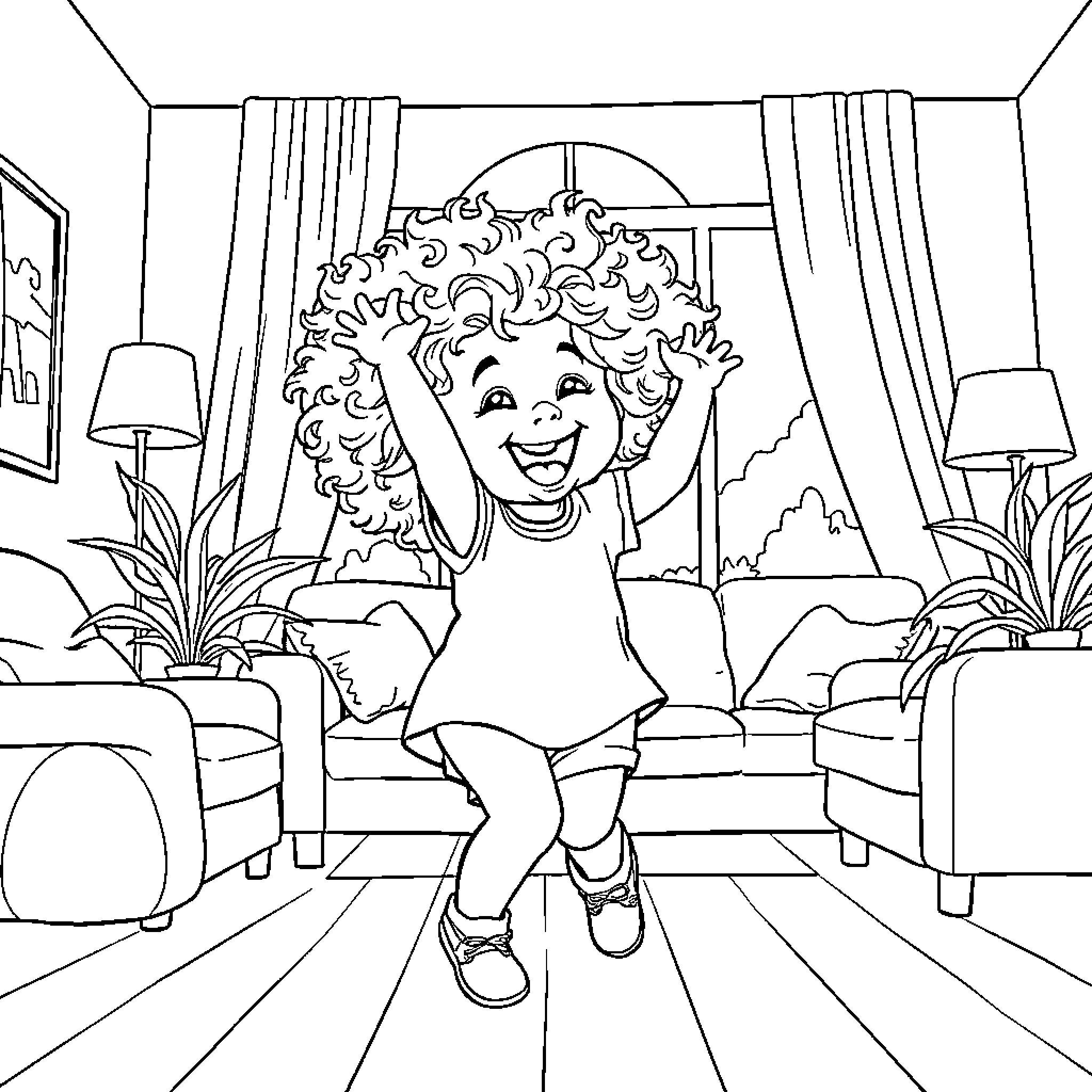 Toddler Dancing Joyfully in Living Room Coloring Page (free black-and-white line drawing printable PDF for all, from beginners to advanced learners, including children, teens, adults, and seniors)