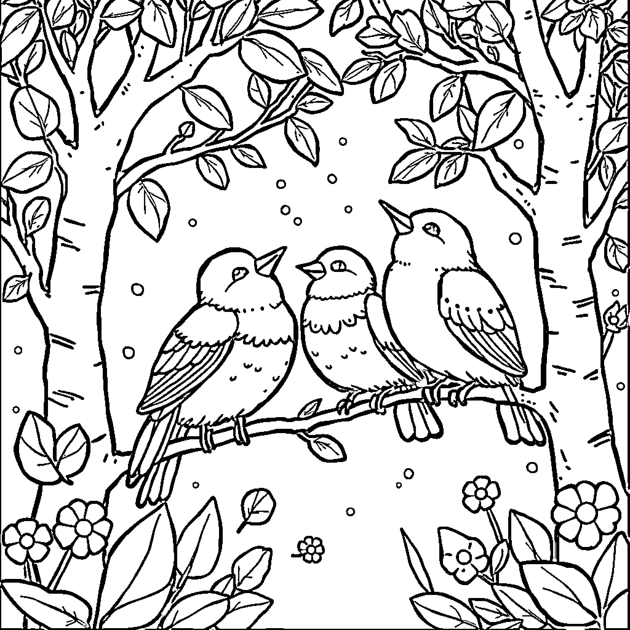 Bird trio in flowering forest scene Coloring Page (free black-and-white line drawing printable PDF for all, from beginners to advanced learners, including children, teens, adults, and seniors)