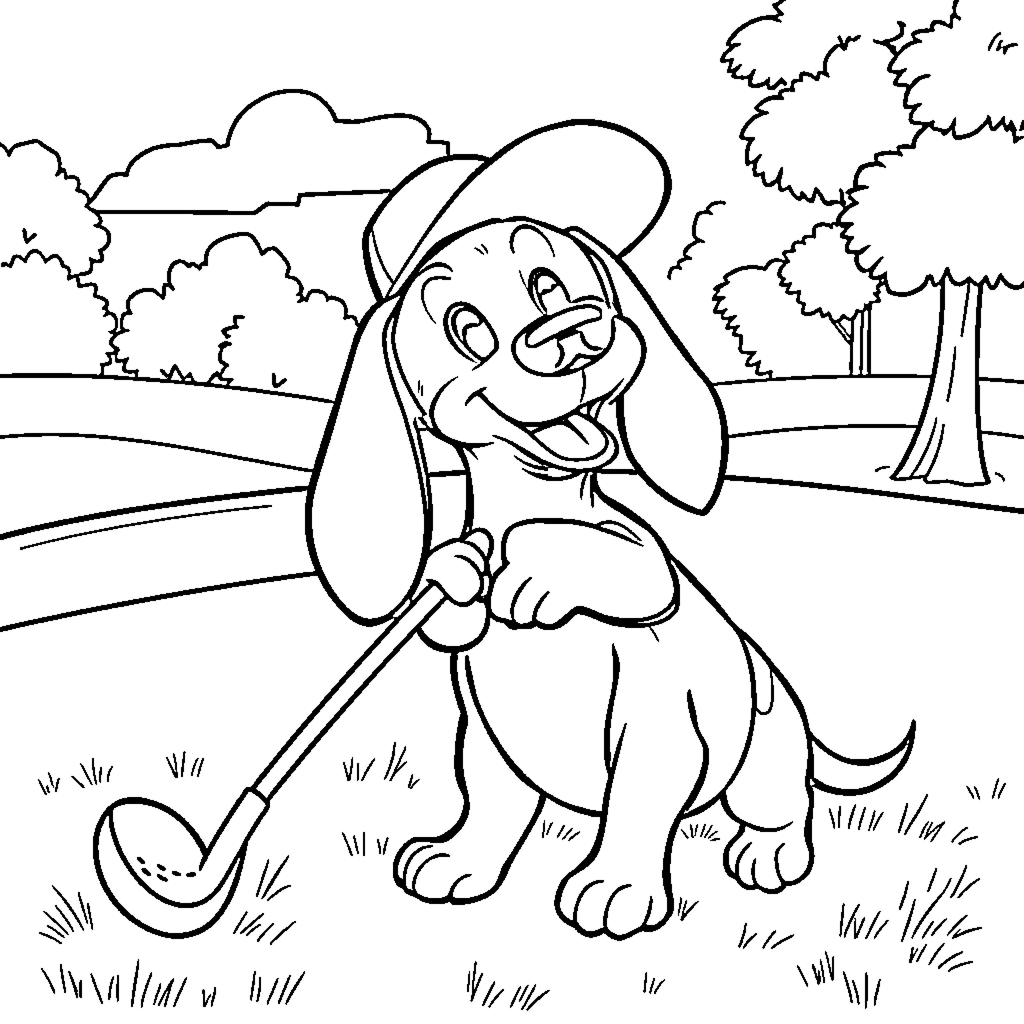 Weiner Dog happily walking outdoors Coloring Page (free black-and-white line drawing printable PDF for all, from beginners to advanced learners, including children, teens, adults, and seniors)