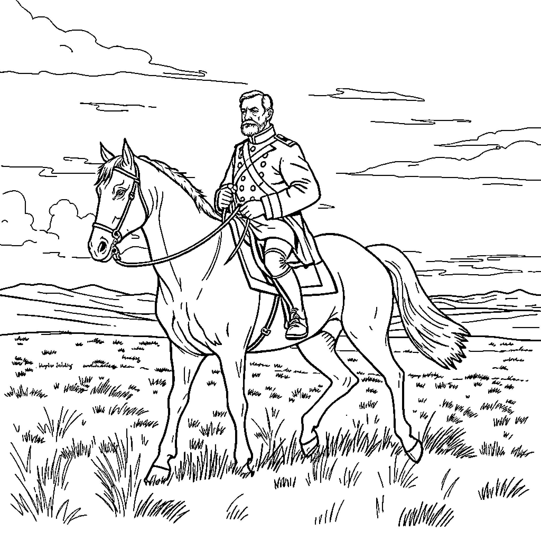 Robert E Lee Riding Horseback in Scenic Countryside Coloring Page (free black-and-white line drawing printable PDF for all, from beginners to advanced learners, including children, teens, adults, and seniors)