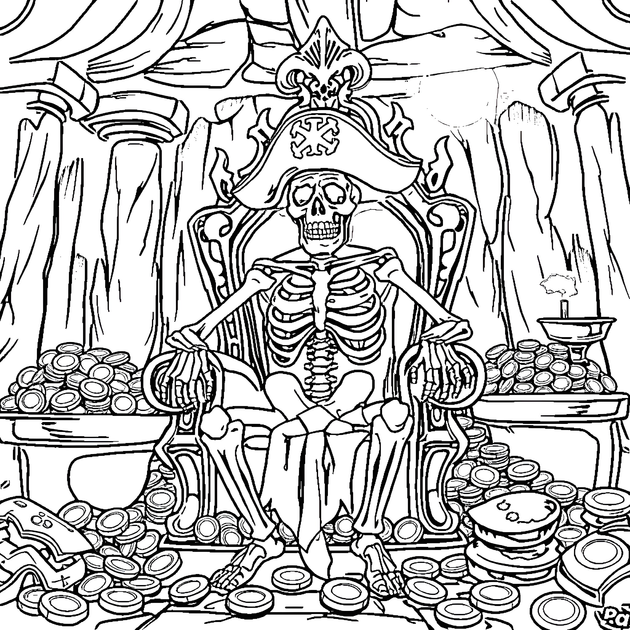 Pirate Skeleton Seated on Throne Amidst Treasure Coloring Page (free black-and-white line drawing printable PDF for all, from beginners to advanced learners, including children, teens, adults, and seniors)