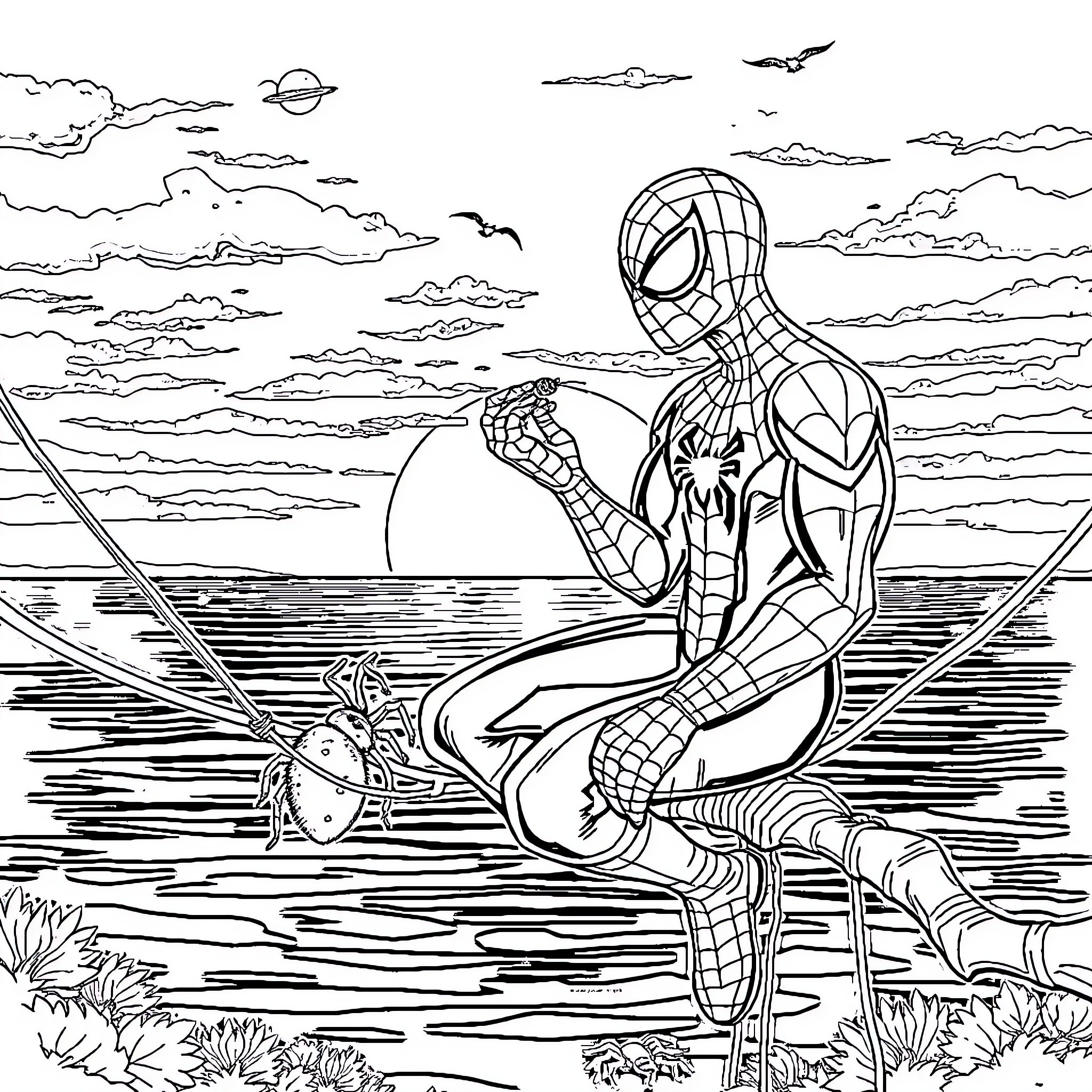 Spiderman swinging above the ocean at sunset Coloring Page (free black-and-white line drawing printable PDF for all, from beginners to advanced learners, including children, teens, adults, and seniors)