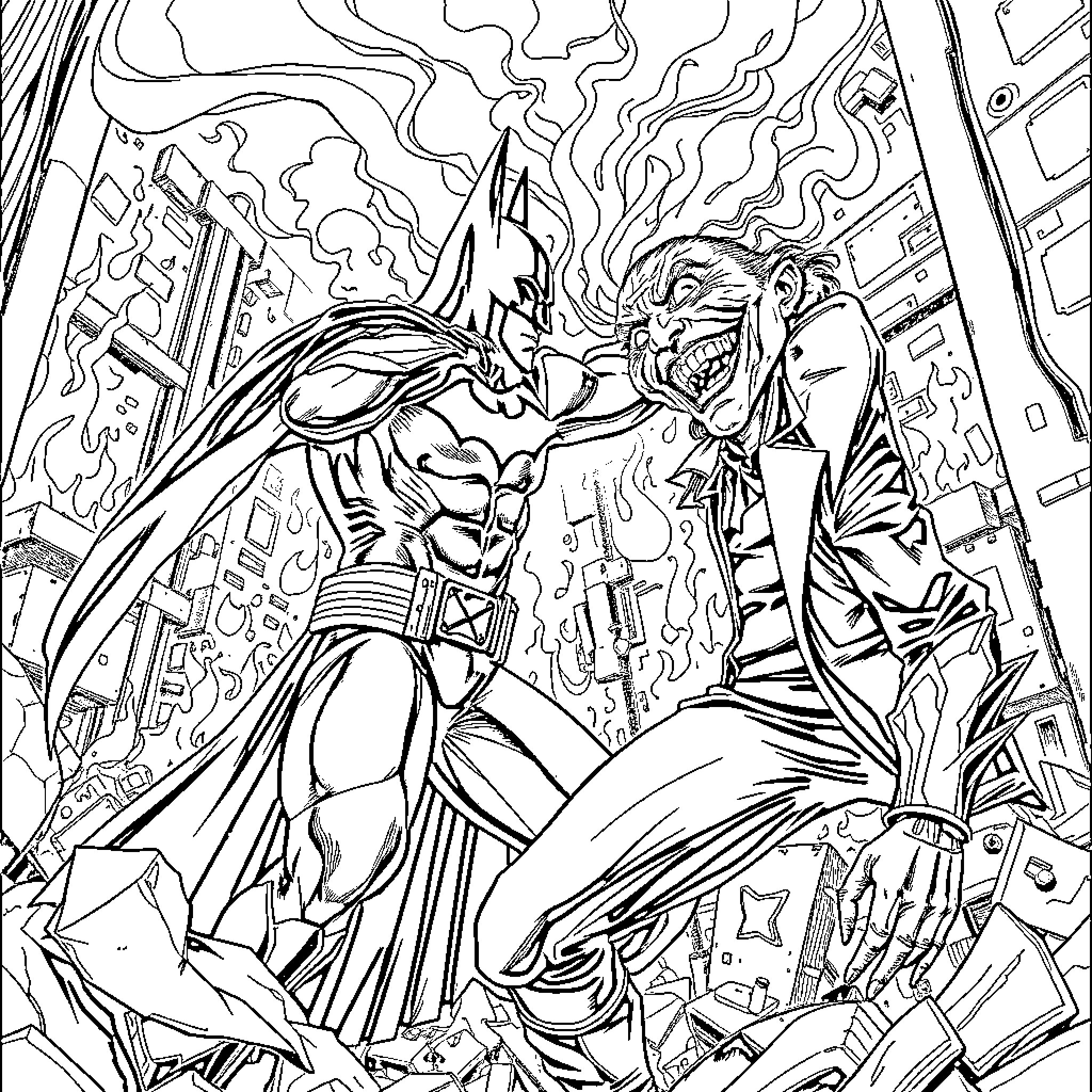 Batman Battling Villainous Foe in Dramatic City Scene Coloring Page (free black-and-white line drawing printable PDF for all, from beginners to advanced learners, including children, teens, adults, and seniors)