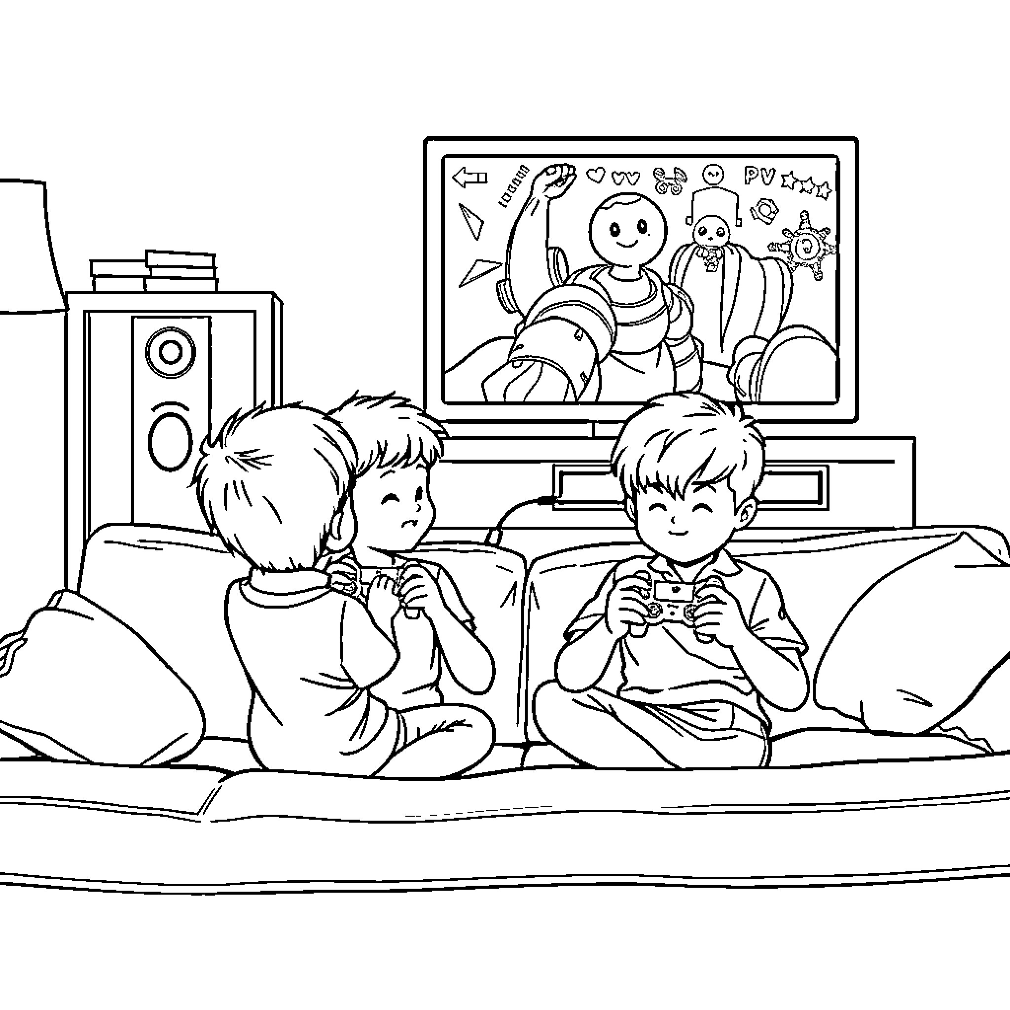 Kids playing video games together Coloring Page (free black-and-white line drawing printable PDF for all, from beginners to advanced learners, including children, teens, adults, and seniors)