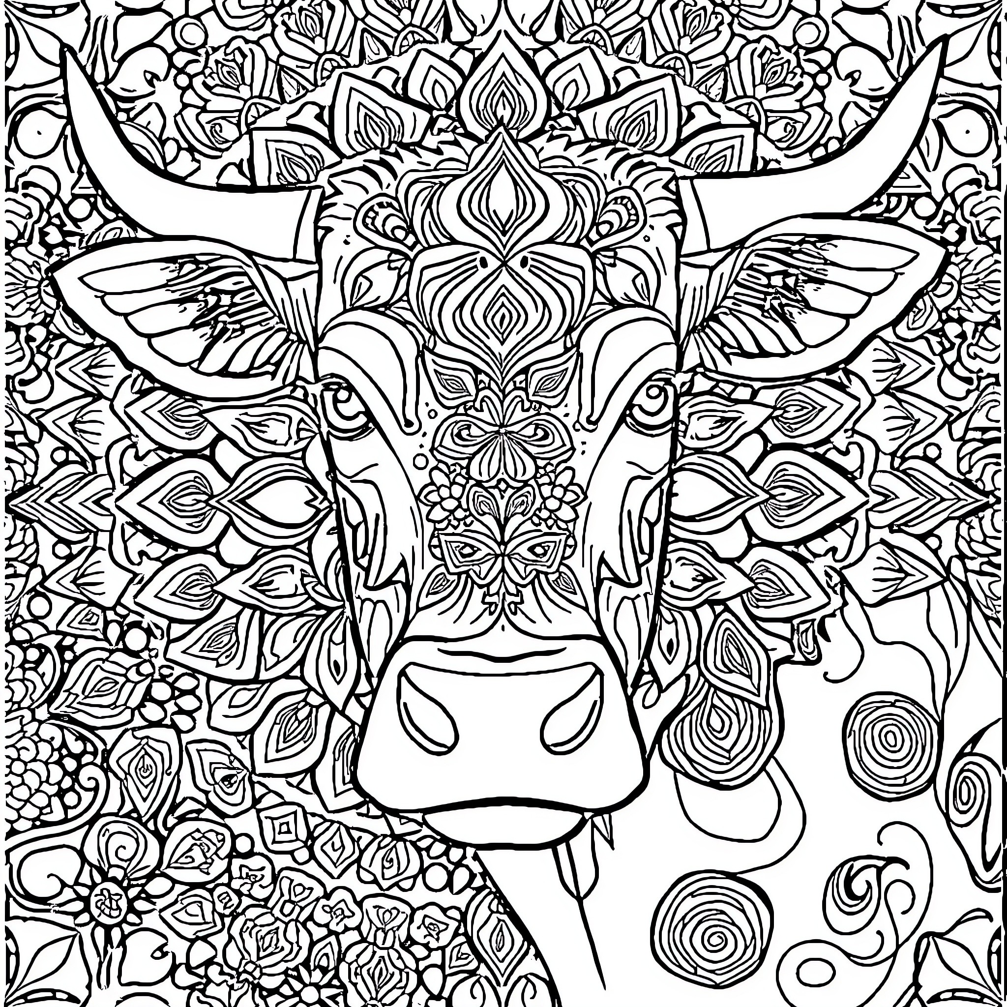 Cow with intricate floral patterns Coloring Page (free black-and-white line drawing printable PDF for all, from beginners to advanced learners, including children, teens, adults, and seniors)