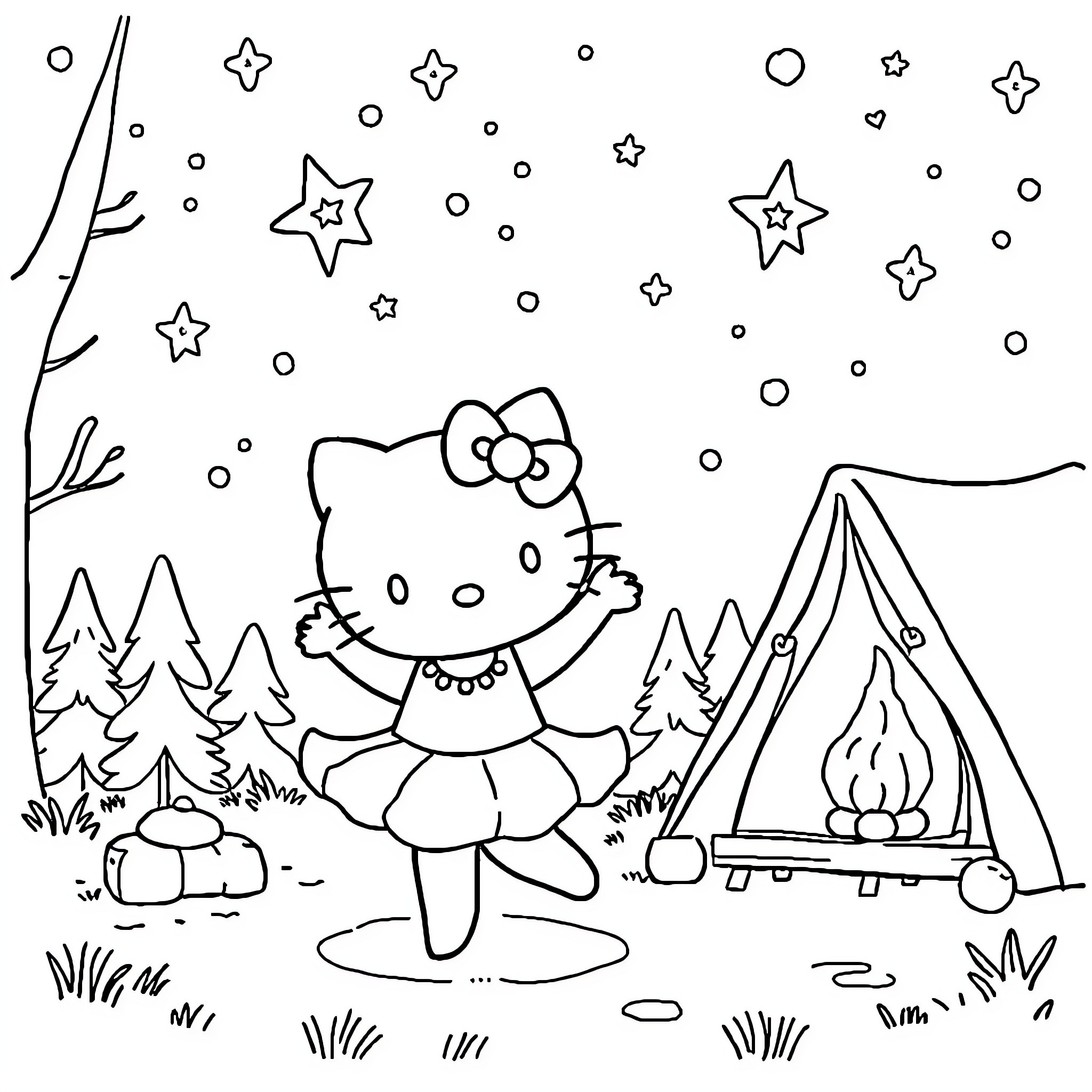 Hello Kitty camping under the starry night sky Coloring Page (free black-and-white line drawing printable PDF for all, from beginners to advanced learners, including children, teens, adults, and seniors)