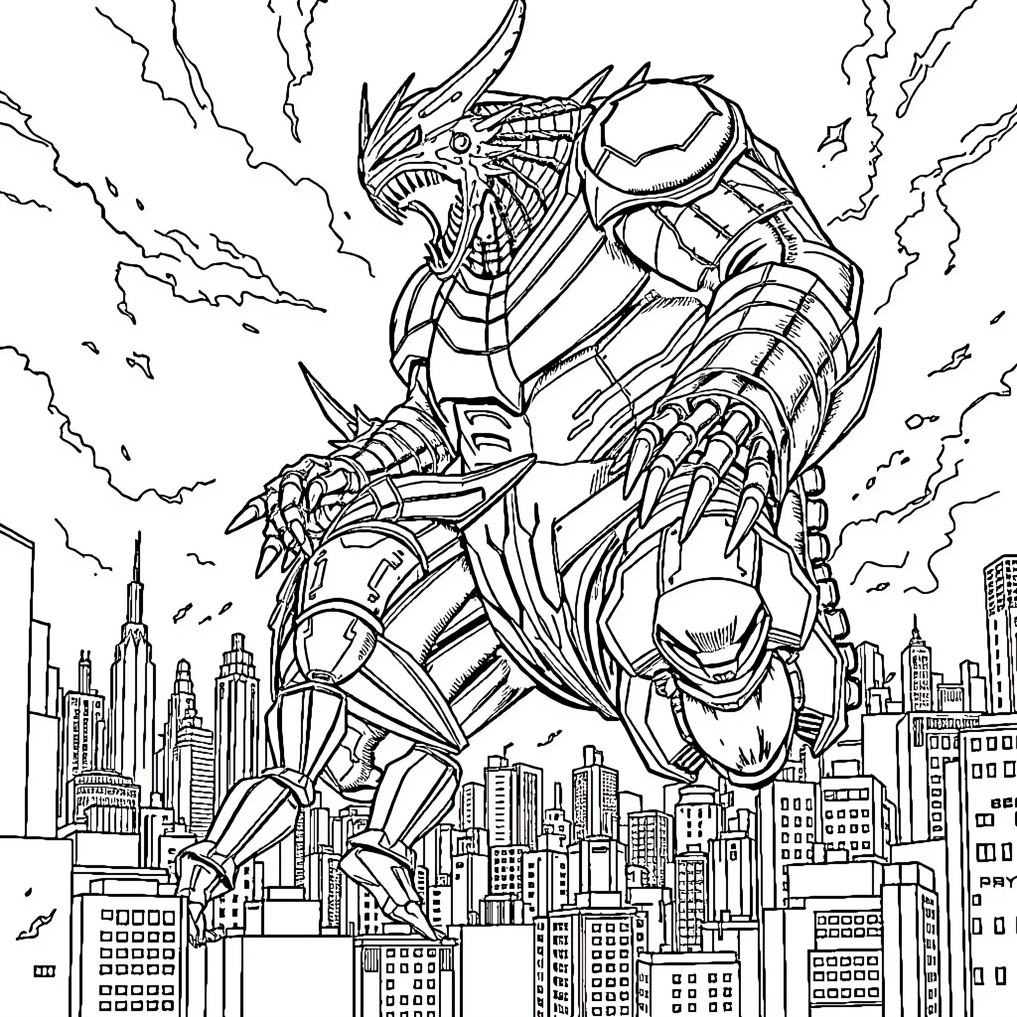 Ultramen battling over cityscape Coloring Page (free black-and-white line drawing printable PDF for all, from beginners to advanced learners, including children, teens, adults, and seniors)