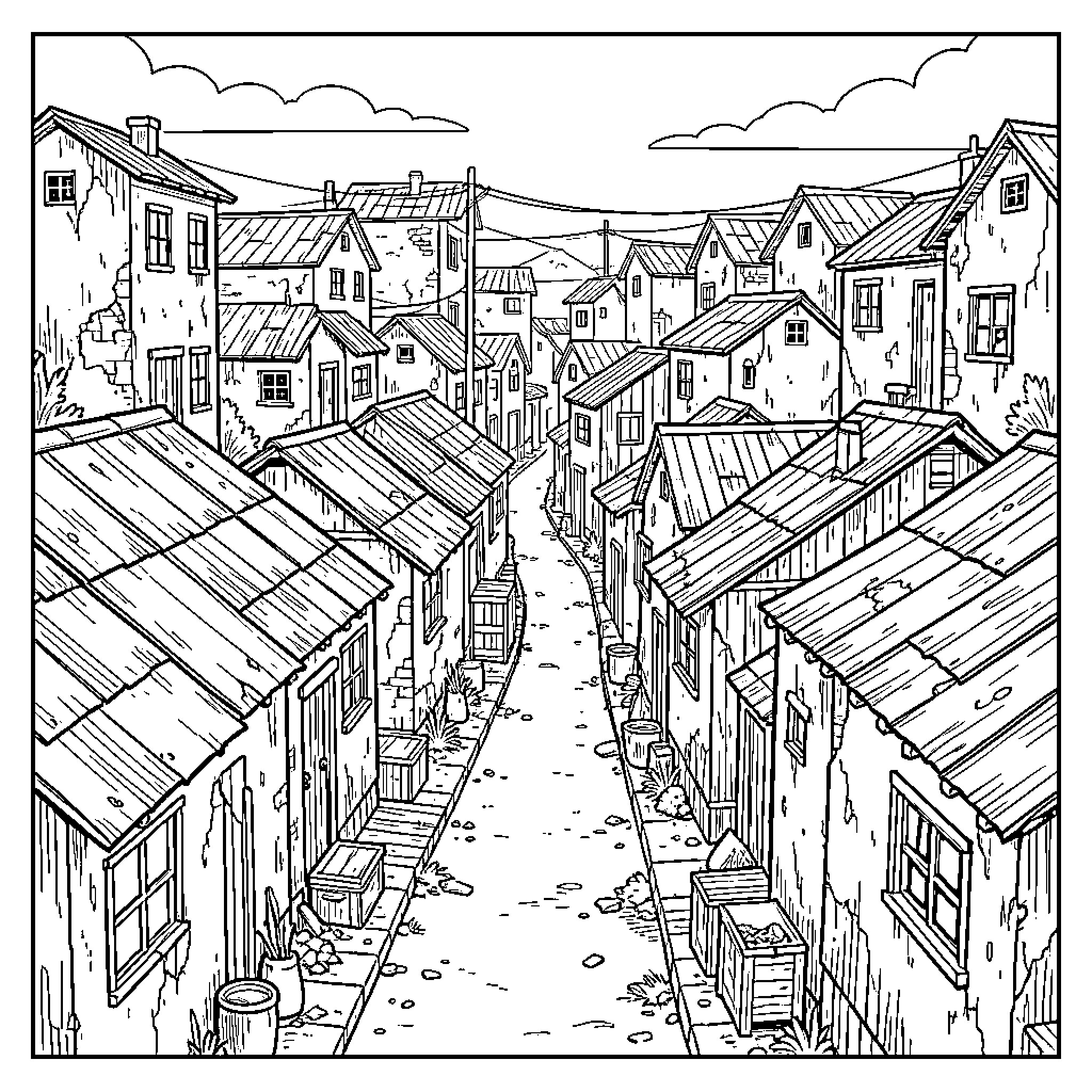 Slum houses lining a narrow dirt pathway Coloring Page (free black-and-white line drawing printable PDF for all, from beginners to advanced learners, including children, teens, adults, and seniors)