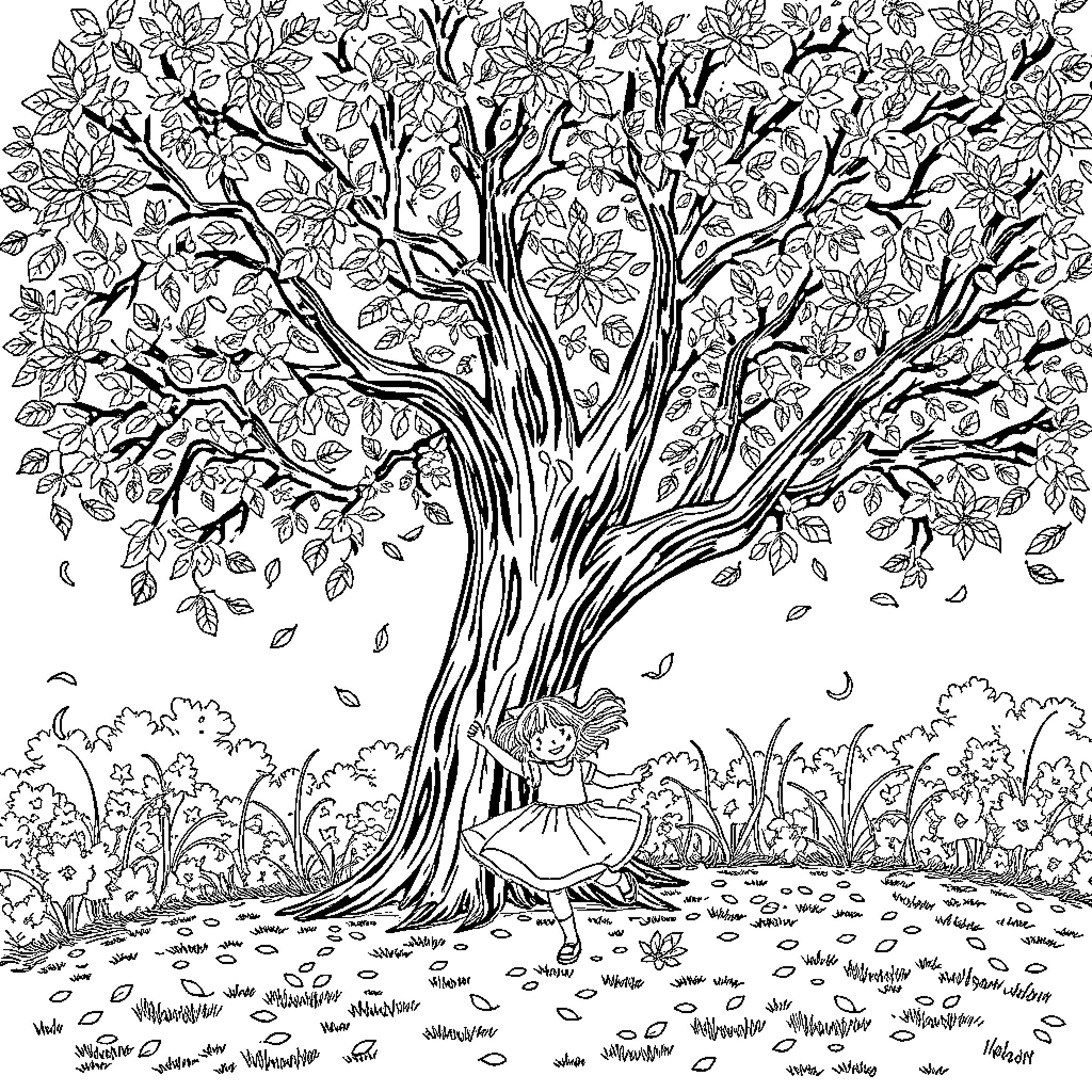 Fille playing in the autumn leaves under a blooming tree Coloring Page (free black-and-white line drawing printable PDF for all, from beginners to advanced learners, including children, teens, adults, and seniors)