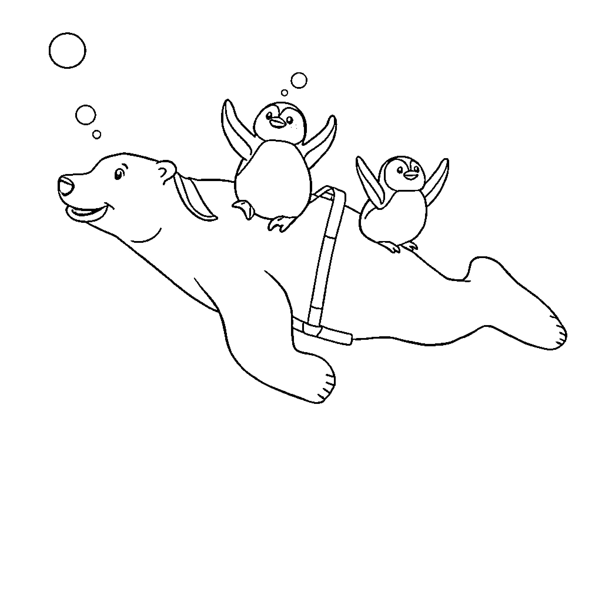 Polar Bear riding with playful penguins Coloring Page (free black-and-white line drawing printable PDF for all, from beginners to advanced learners, including children, teens, adults, and seniors)