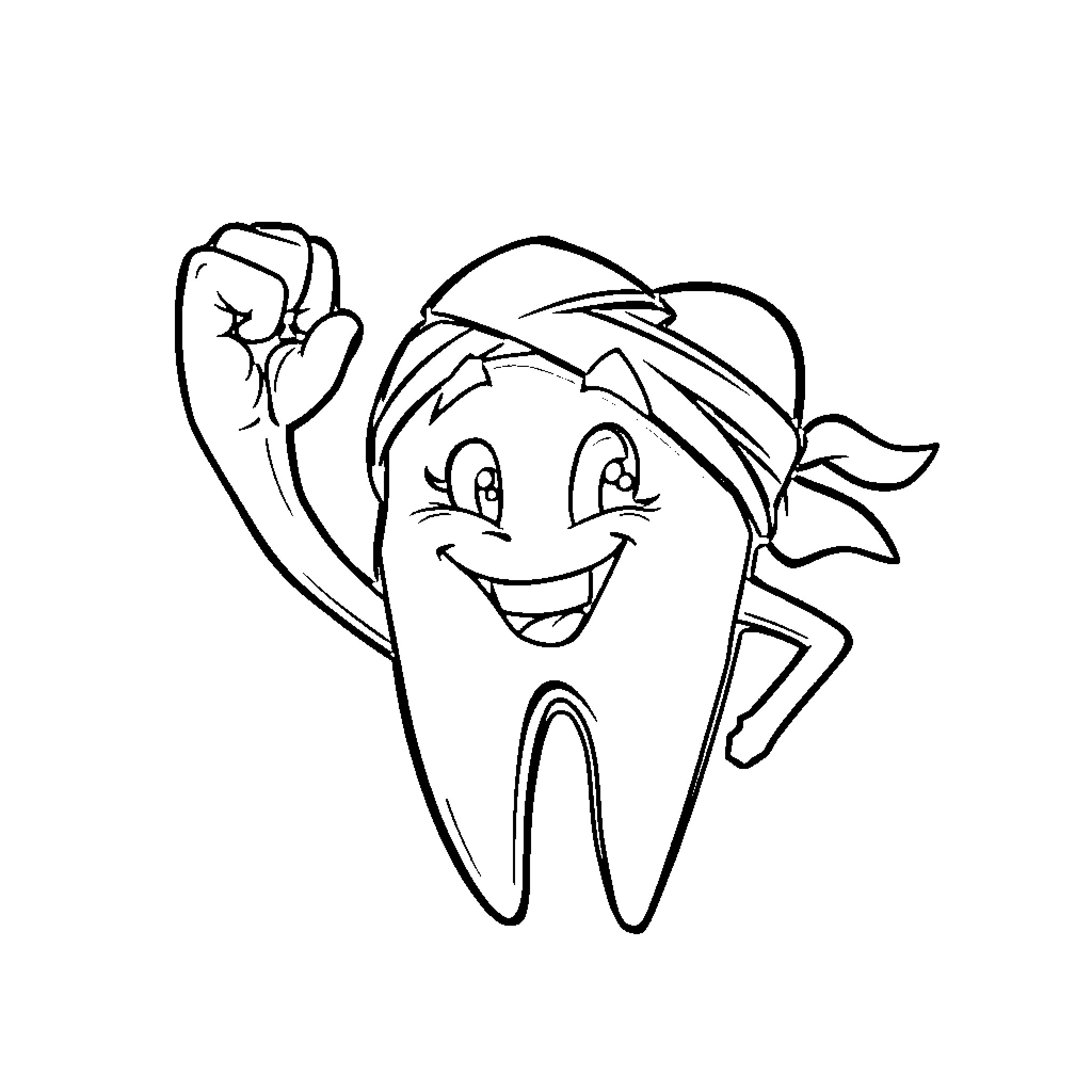 Tooth Character Waving Happily Coloring Page (free black-and-white line drawing printable PDF for all, from beginners to advanced learners, including children, teens, adults, and seniors)