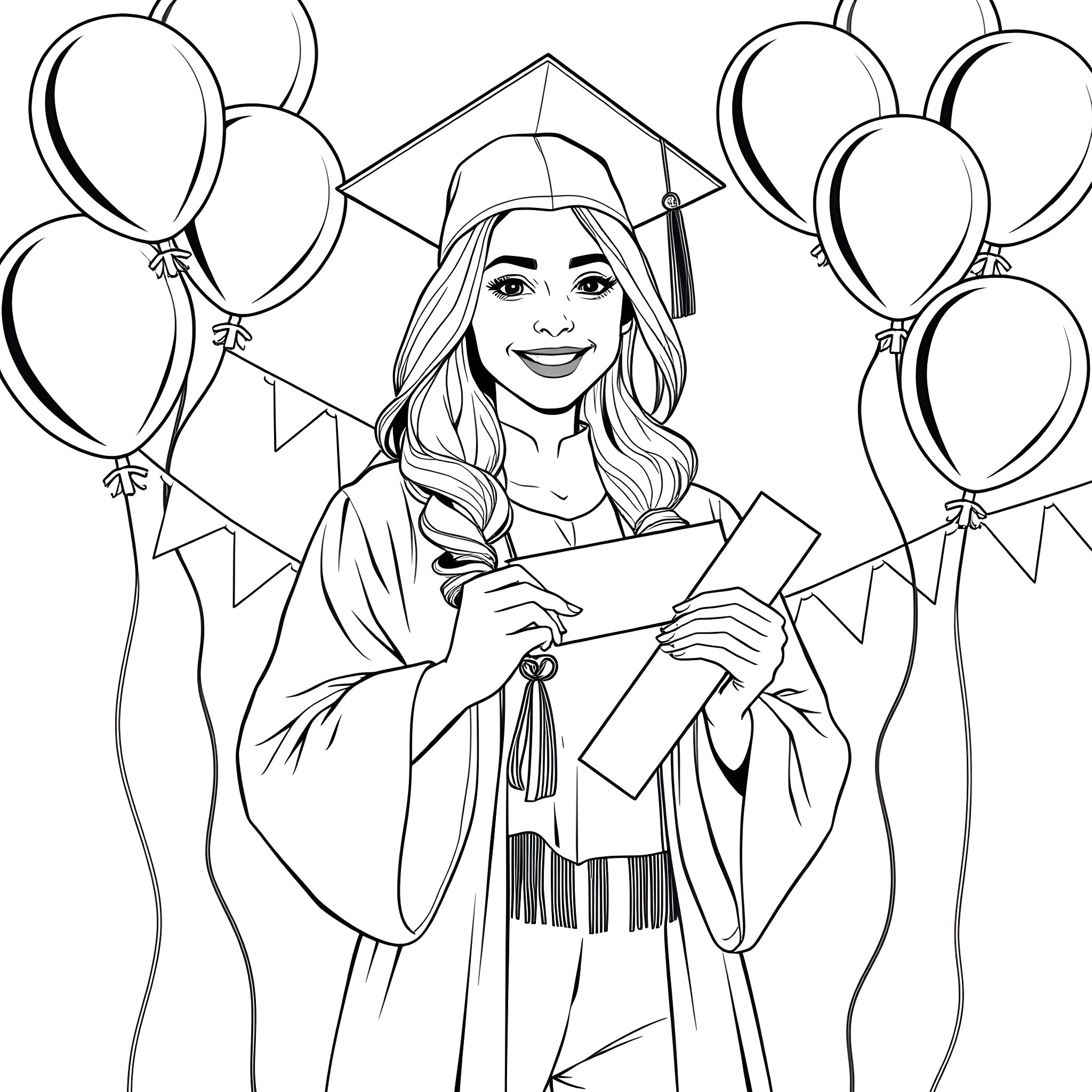 Woman graduating with diploma surrounded by balloons Coloring Page (free black-and-white line drawing printable PDF for all, from beginners to advanced learners, including children, teens, adults, and seniors)