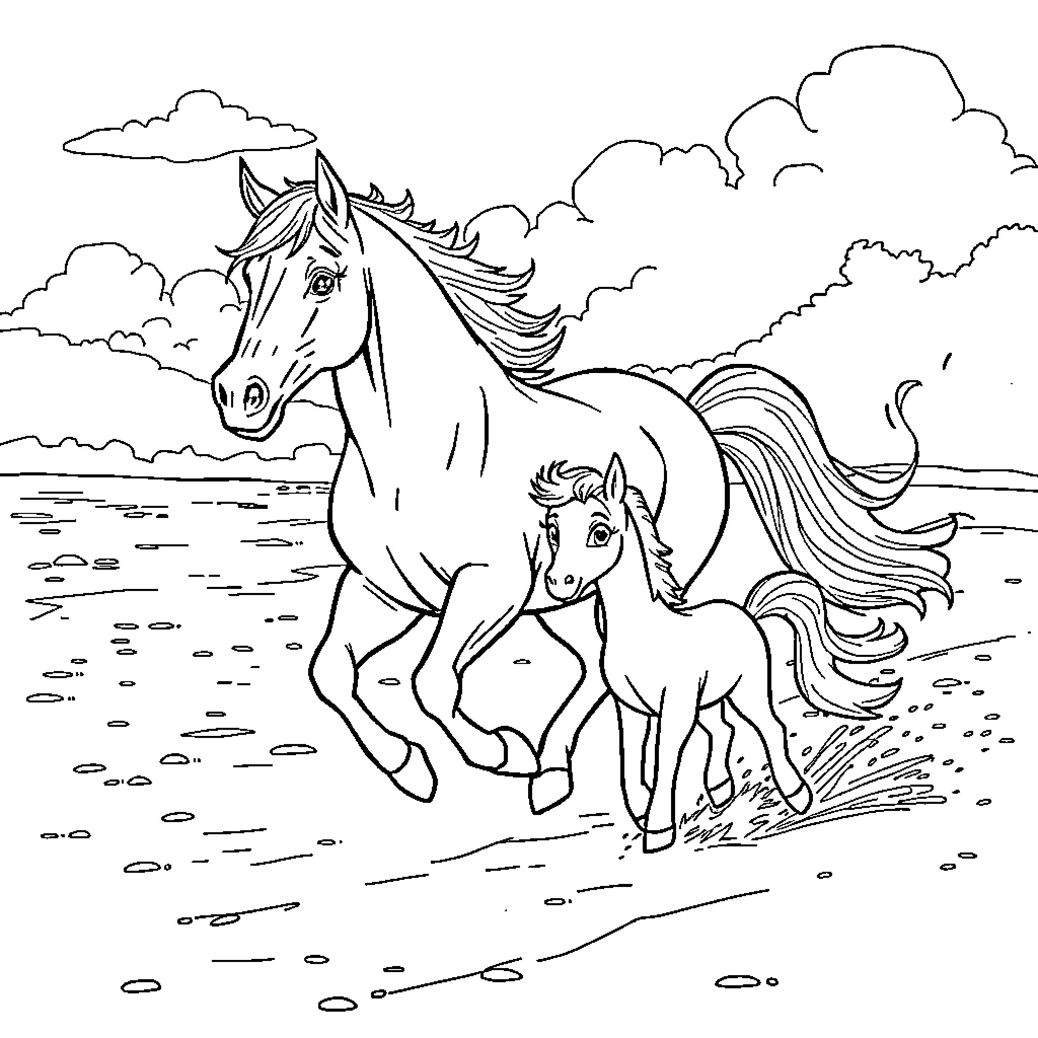 Horse and foal running through field Coloring Page (free black-and-white line drawing printable PDF for all, from beginners to advanced learners, including children, teens, adults, and seniors)