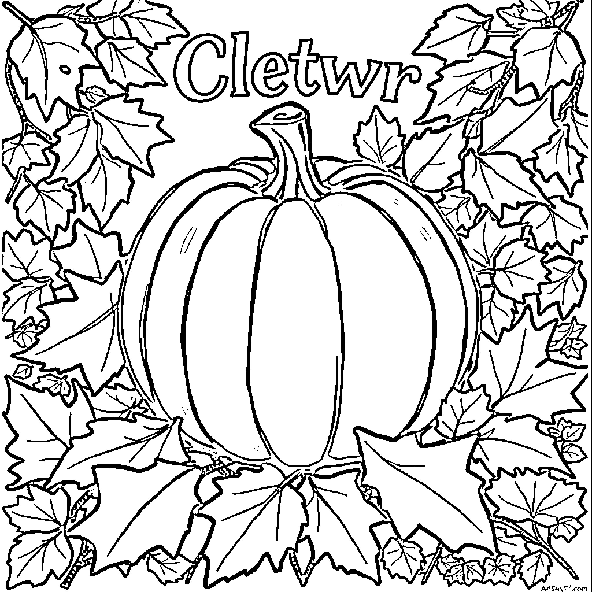 Pumpkin surrounded by autumn leaves Coloring Page (free black-and-white line drawing printable PDF for all, from beginners to advanced learners, including children, teens, adults, and seniors)