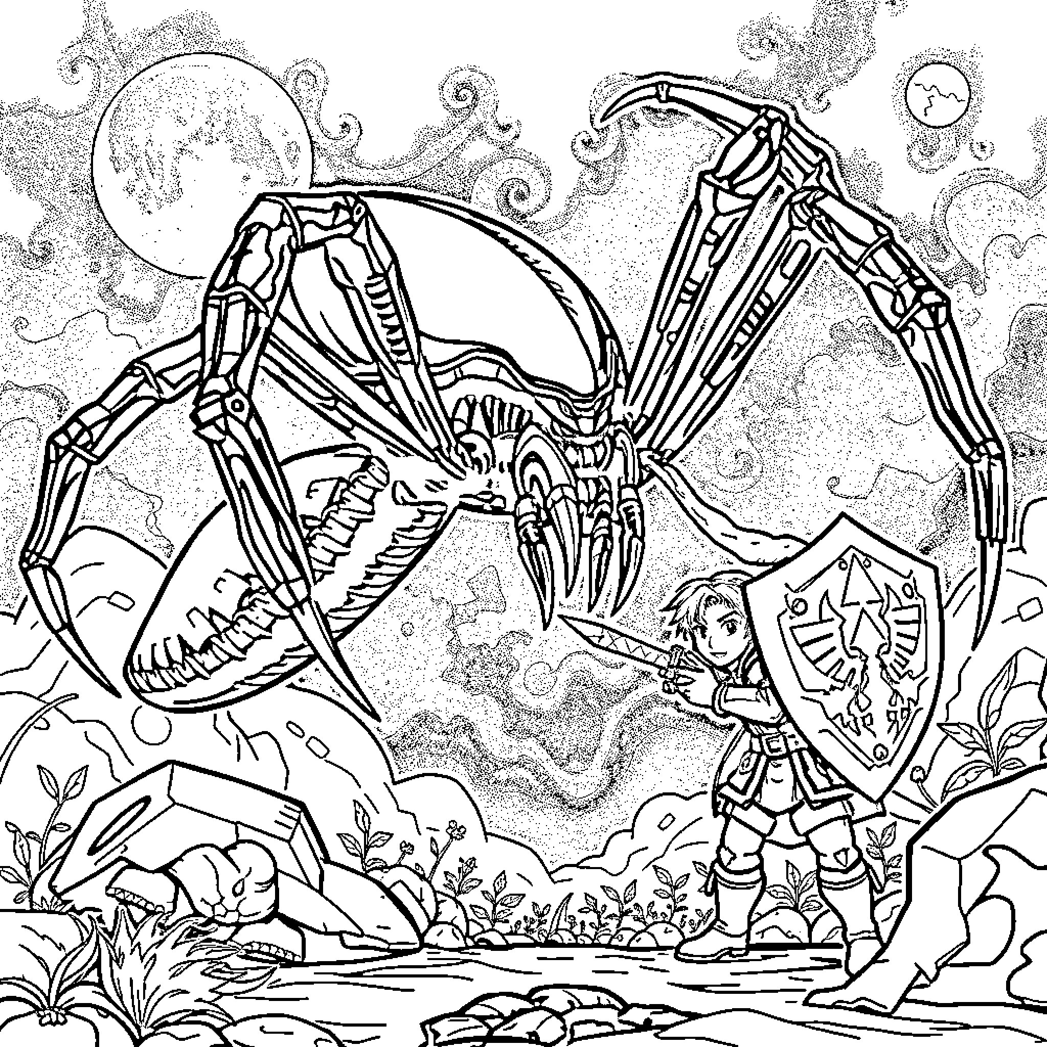 Xenomorph battle with armed hero in fantasy landscape Coloring Page (free black-and-white line drawing printable PDF for all, from beginners to advanced learners, including children, teens, adults, and seniors)
