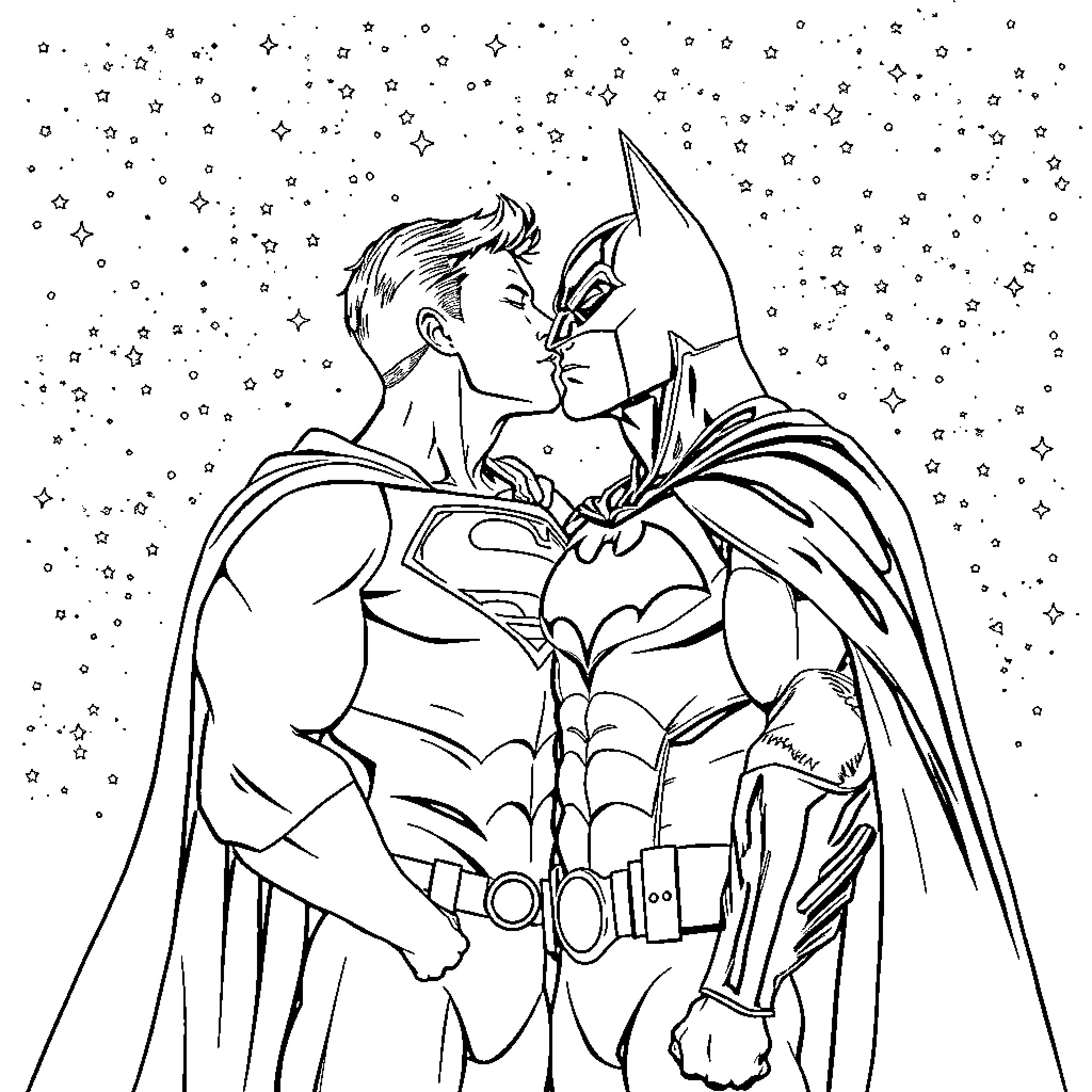 Superman and Batman in heroic embrace under starry sky Coloring Page (free black-and-white line drawing printable PDF for all, from beginners to advanced learners, including children, teens, adults, and seniors)