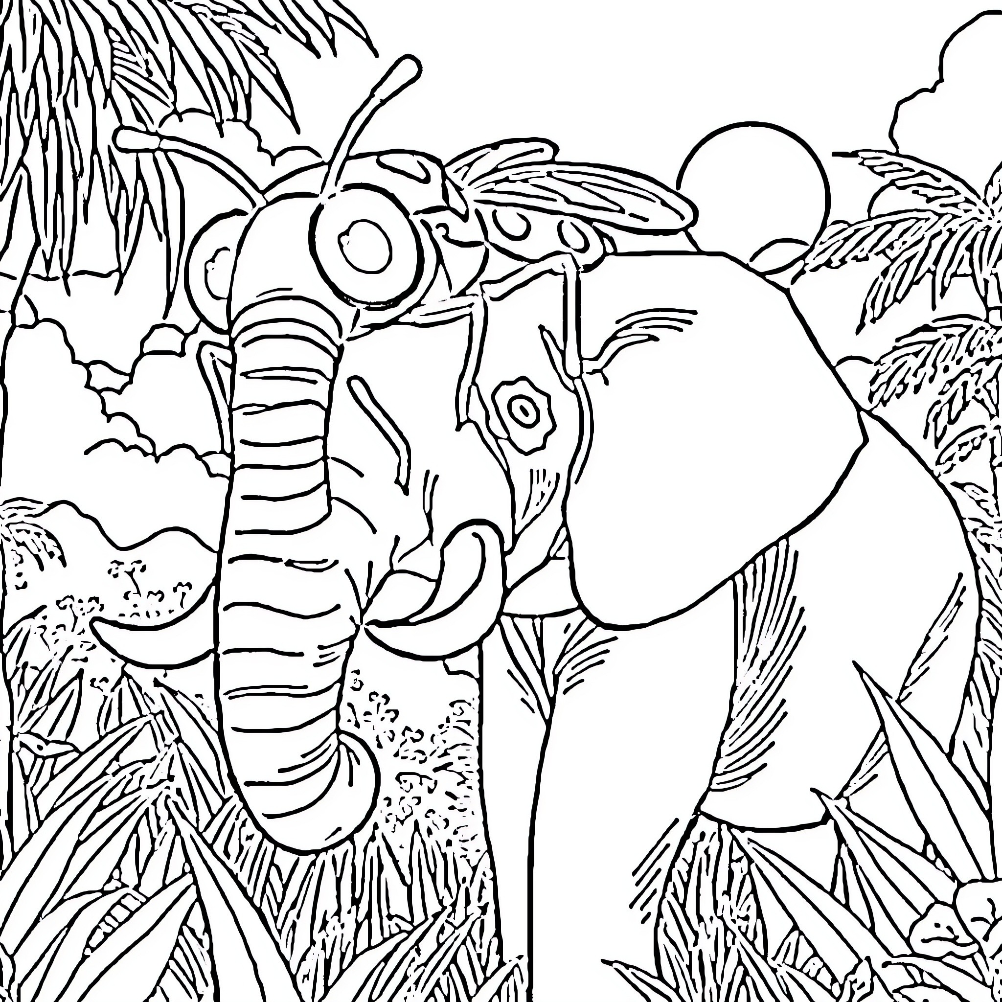Bug exploring the jungle landscape Coloring Page (free black-and-white line drawing printable PDF for all, from beginners to advanced learners, including children, teens, adults, and seniors)